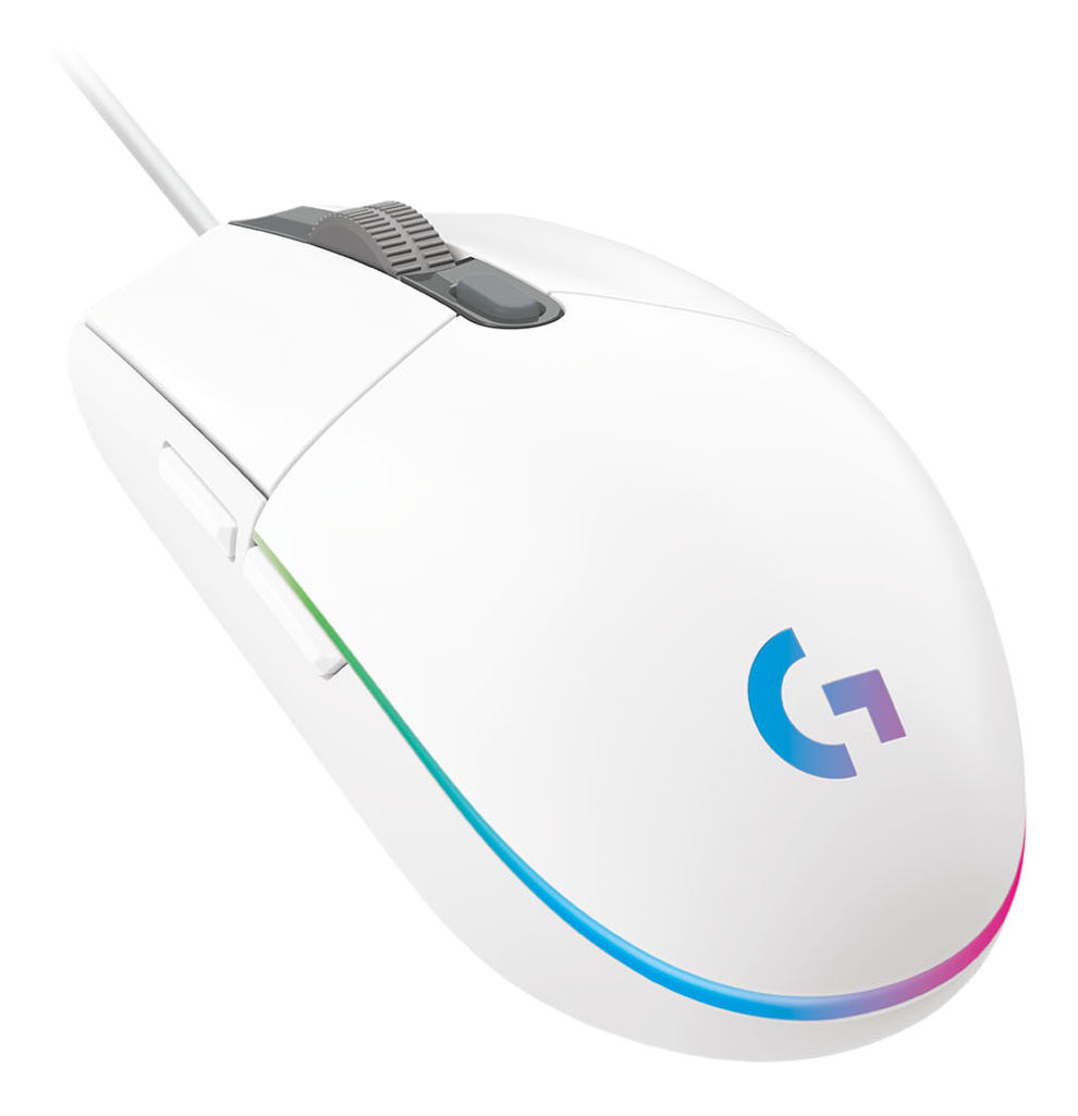 Weiße Computermaus mit grauem Scrollrad. Sie hat einen farbenfrohen, leuchtenden Rand und ein 'G'-Logo.