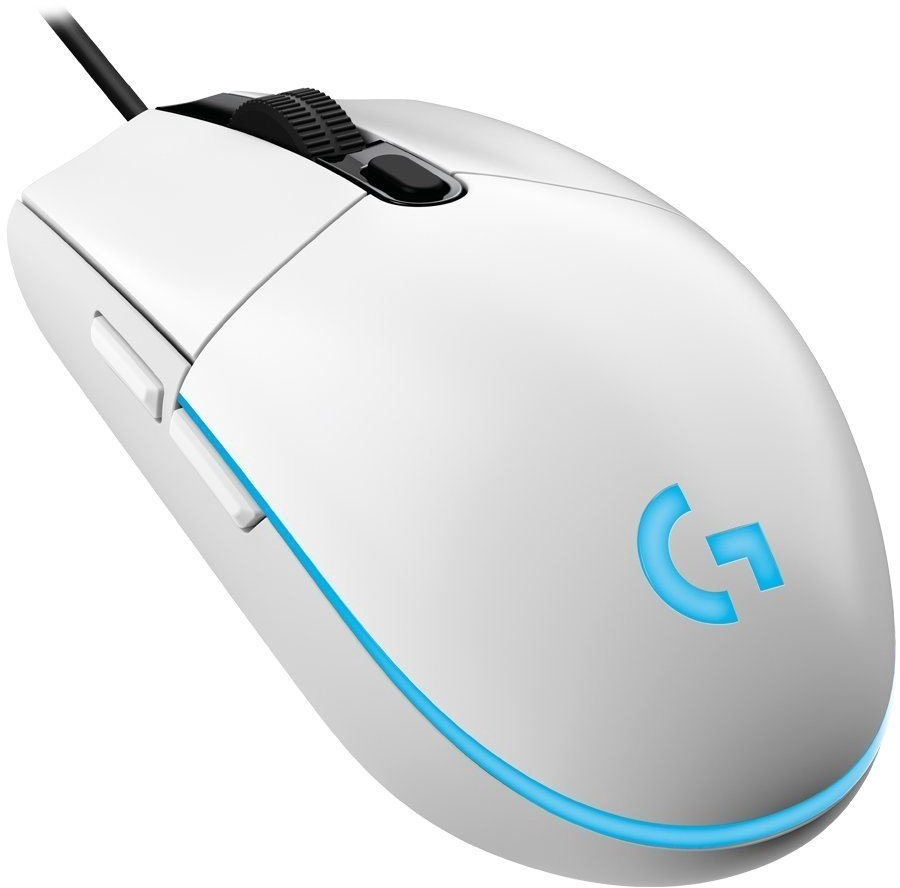 Eine weiße Logitech G203 Gaming-Maus. Mit Scrollrad, Seitentasten und einem blau leuchtenden 'G'-Logo. Sie hat ein schwarzes Kabel.