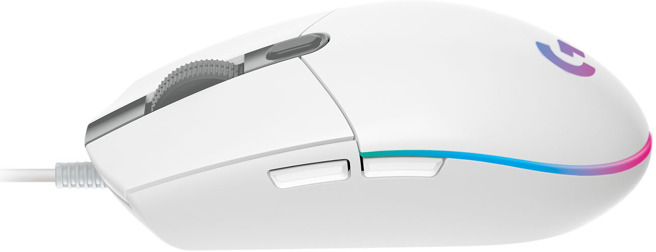 Weiße Gaming-Maus mit Kabel. Sie hat ein Scrollrad und zwei Tasten. Das Logo ist auf der Rückseite. Sie hat RGB-Beleuchtung.