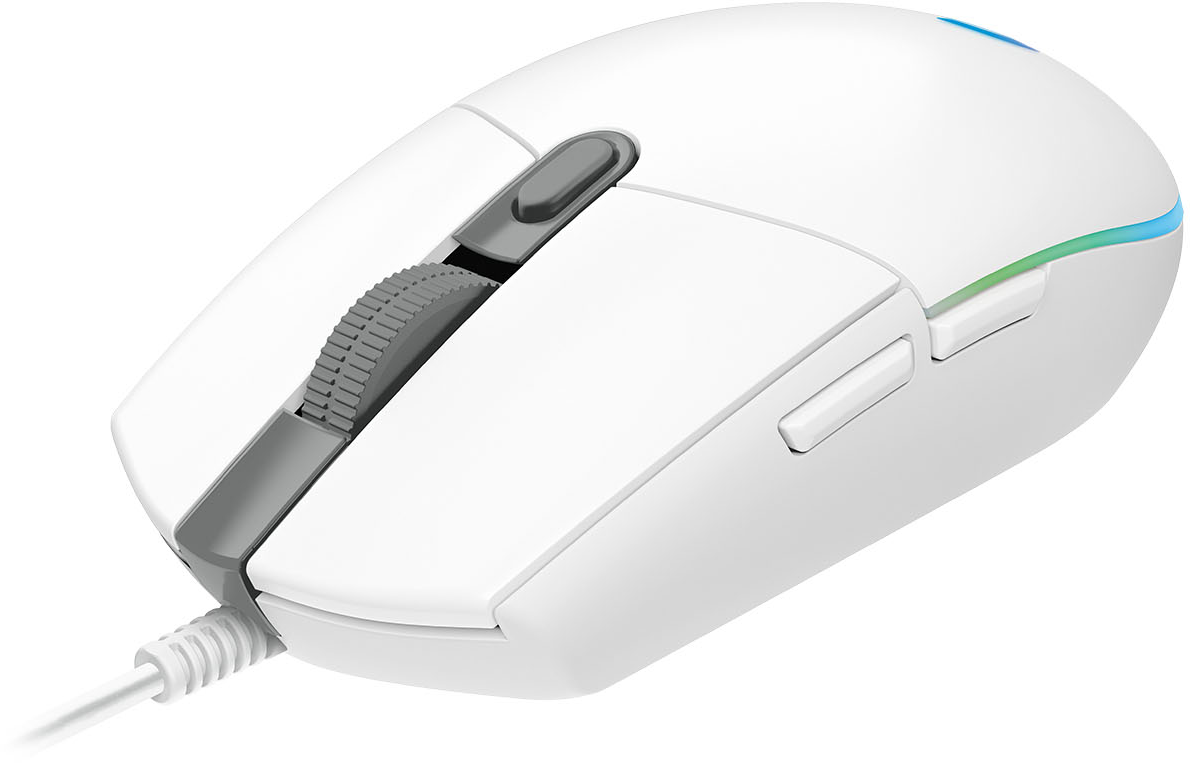 Weiße Computermaus mit grauem Scrollrad und Tasten. Ein Kabel verläuft von vorne. Die Oberkante hat ein farbenfrohes Licht.