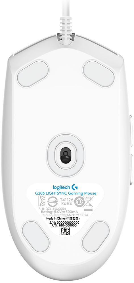 Weiße Logitech G203 Lightsync Gaming-Maus, Unteransicht, mit Kabel. Sie hat vier ovale Füße und ein Etikett mit Spezifikationen.