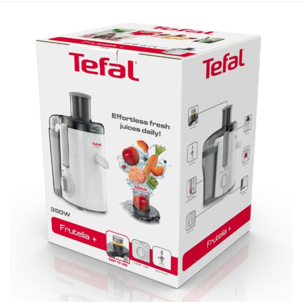 Tefal Frutelia+ gyümölcslé-kivonó doboz a termék grafikájával.