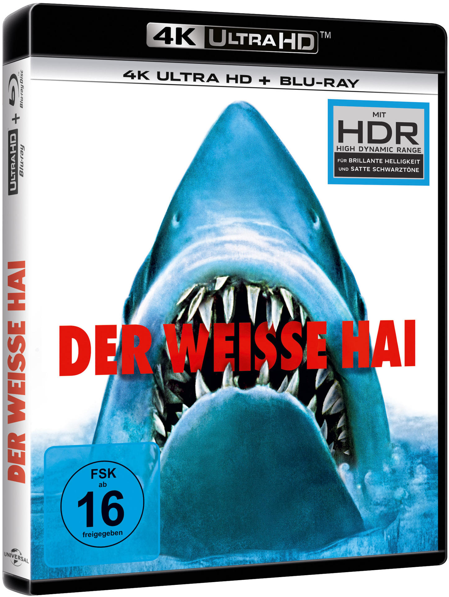 Blu-ray-Filmcover von 'Der Weisse Hai' (Der weiße Hai) mit Hai und Text.