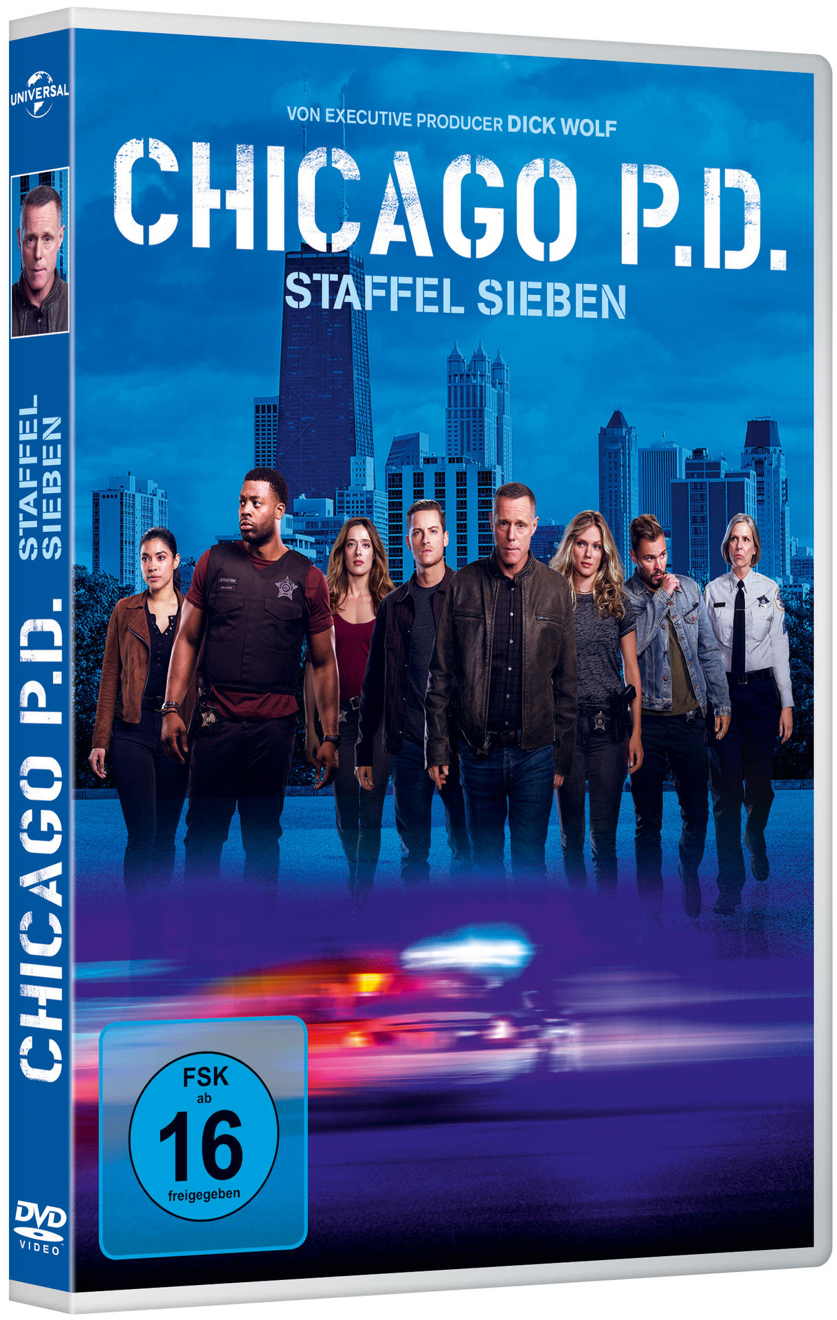 DVD-Hülle von Chicago P.D. Staffel Sieben. Das Cover zeigt Schauspieler und eine Skyline bei Nacht.