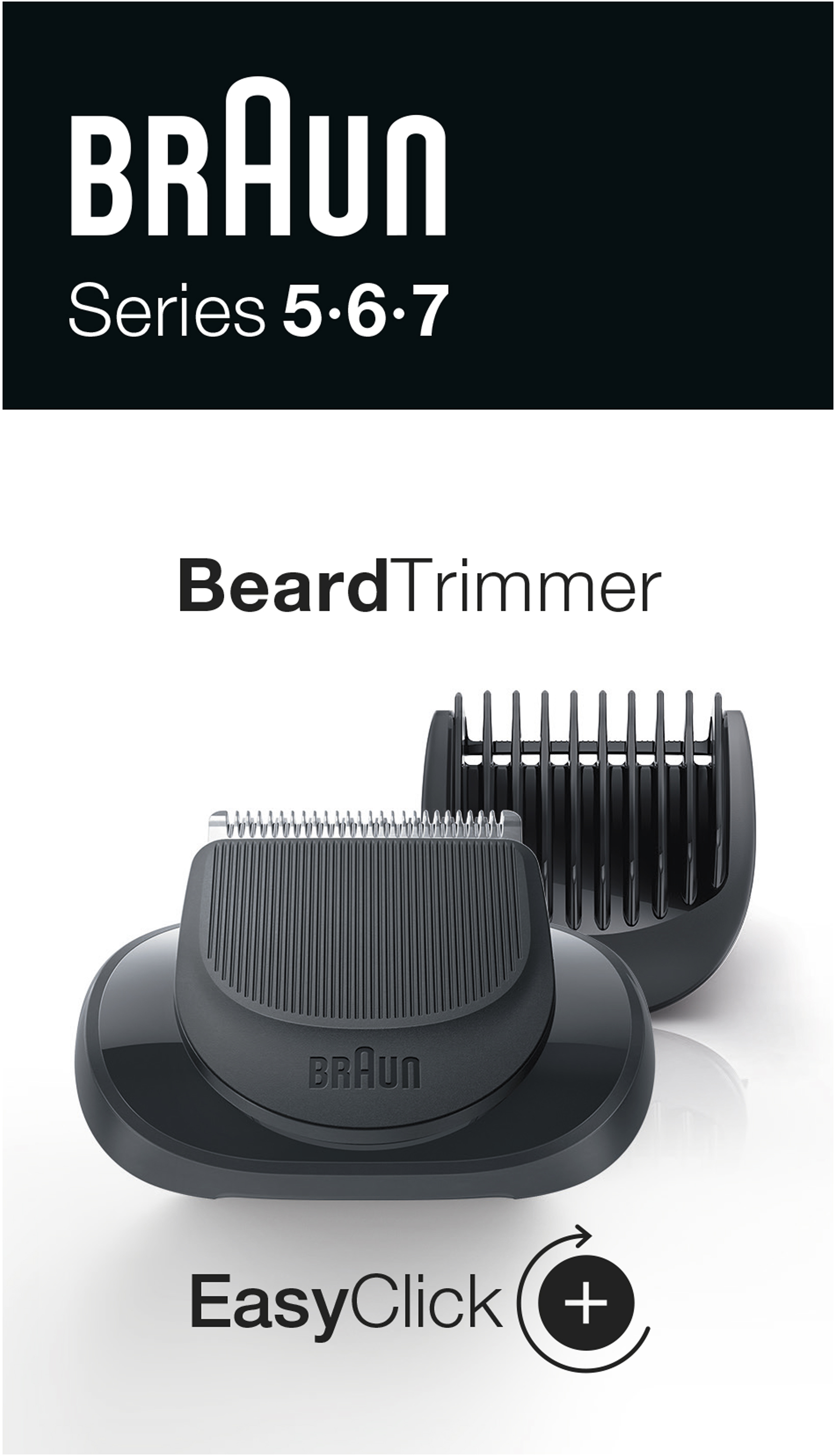 Braun baardtrimmer opzetstuk. Zwart apparaat met mesjes en kunststof geleiding. Series 5,6,7 en EasyClick zijn ook zichtbaar.