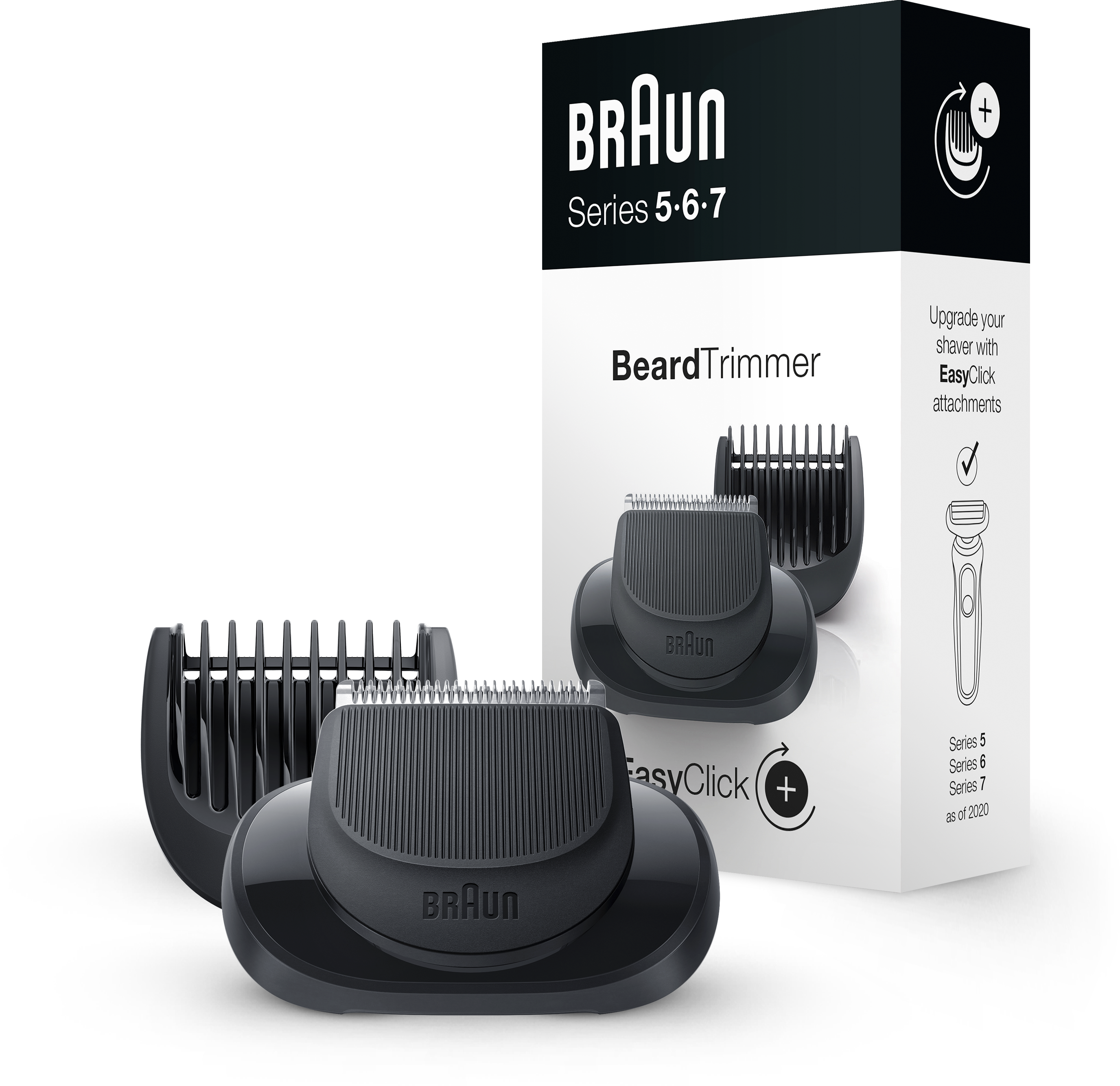 Braun baardtrimmer met EasyClick-opzetstukken. Een doos en accessoires op een witte achtergrond.