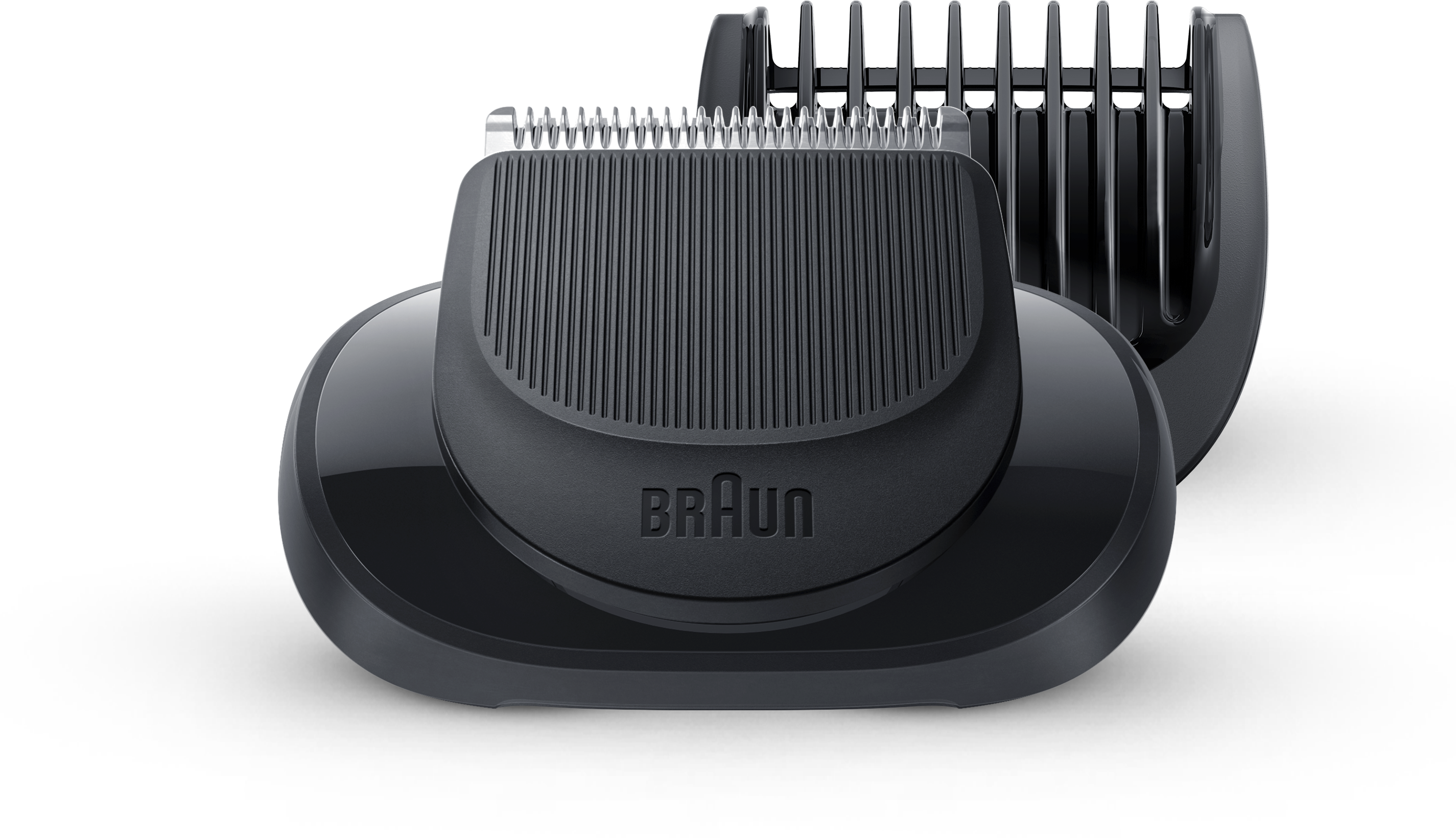 Zwarte Braun baardtrimmerkop en kamhulpstuk op een zwart oppervlak.