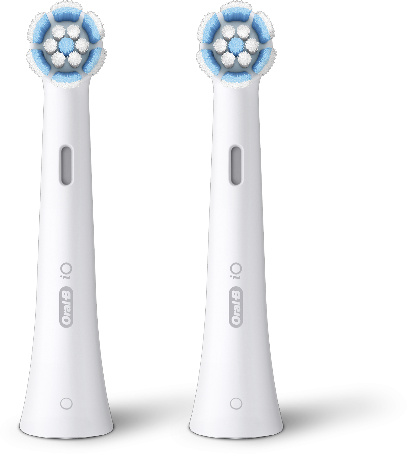 Deux têtes de brosse à dents Oral-B iO, blanches avec des poils bleus et blancs, sur fond noir.