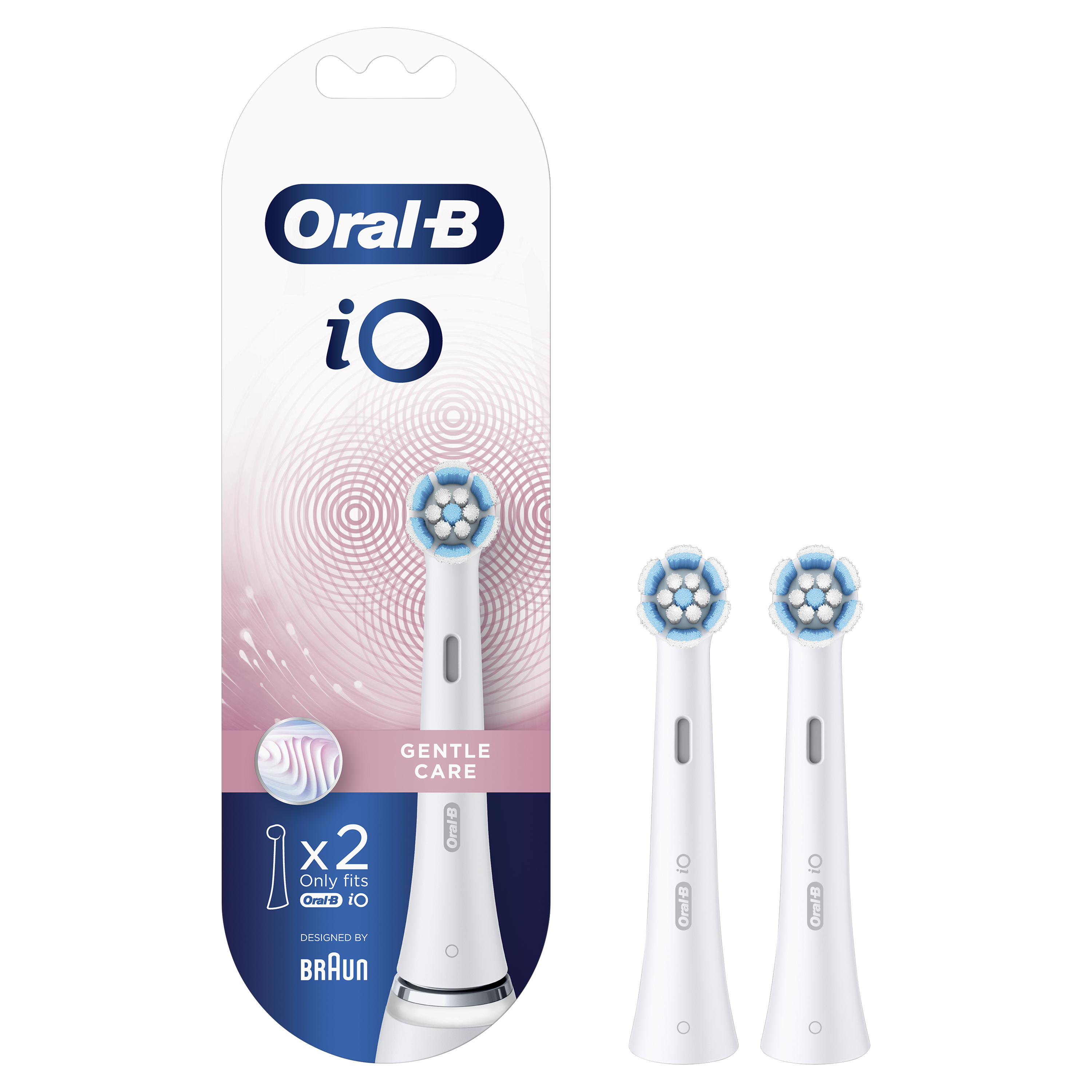 Deux têtes de brosse à dents Oral-B iO dans un emballage, avec des poils bleus et blancs.