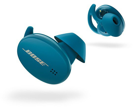 Deux écouteurs sans fil Bose bleu sarcelle sont affichés sur fond blanc. L'un est plus proche et plus grand, montrant le logo Bose.