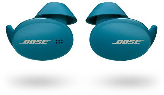 Deux écouteurs sans fil Bose bleu sarcelle avec logo blanc.