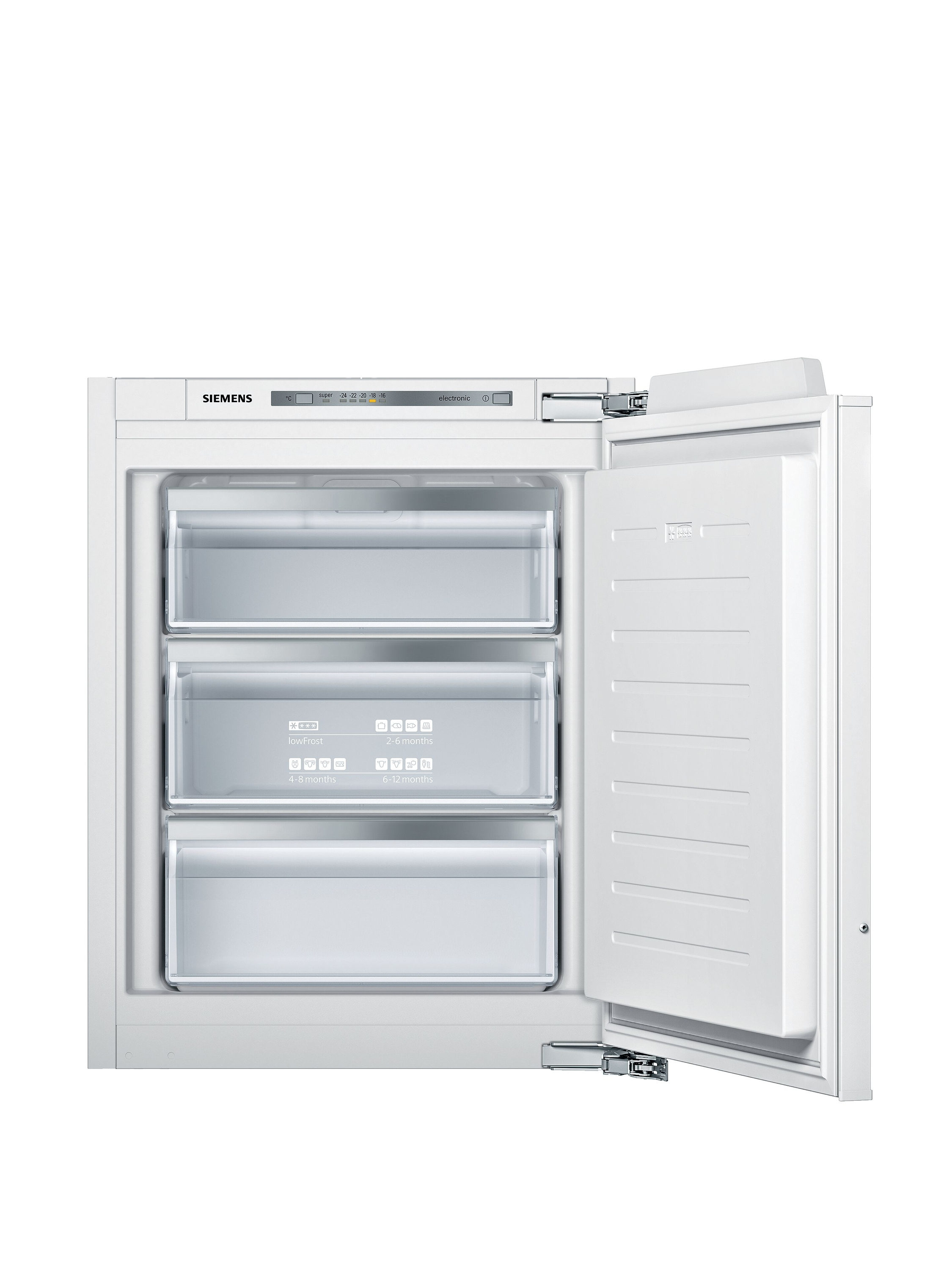 Ein weißer Kühlschrank mit drei offenen Schubladen. Die Tür ist offen und gibt den Innenraum frei.
