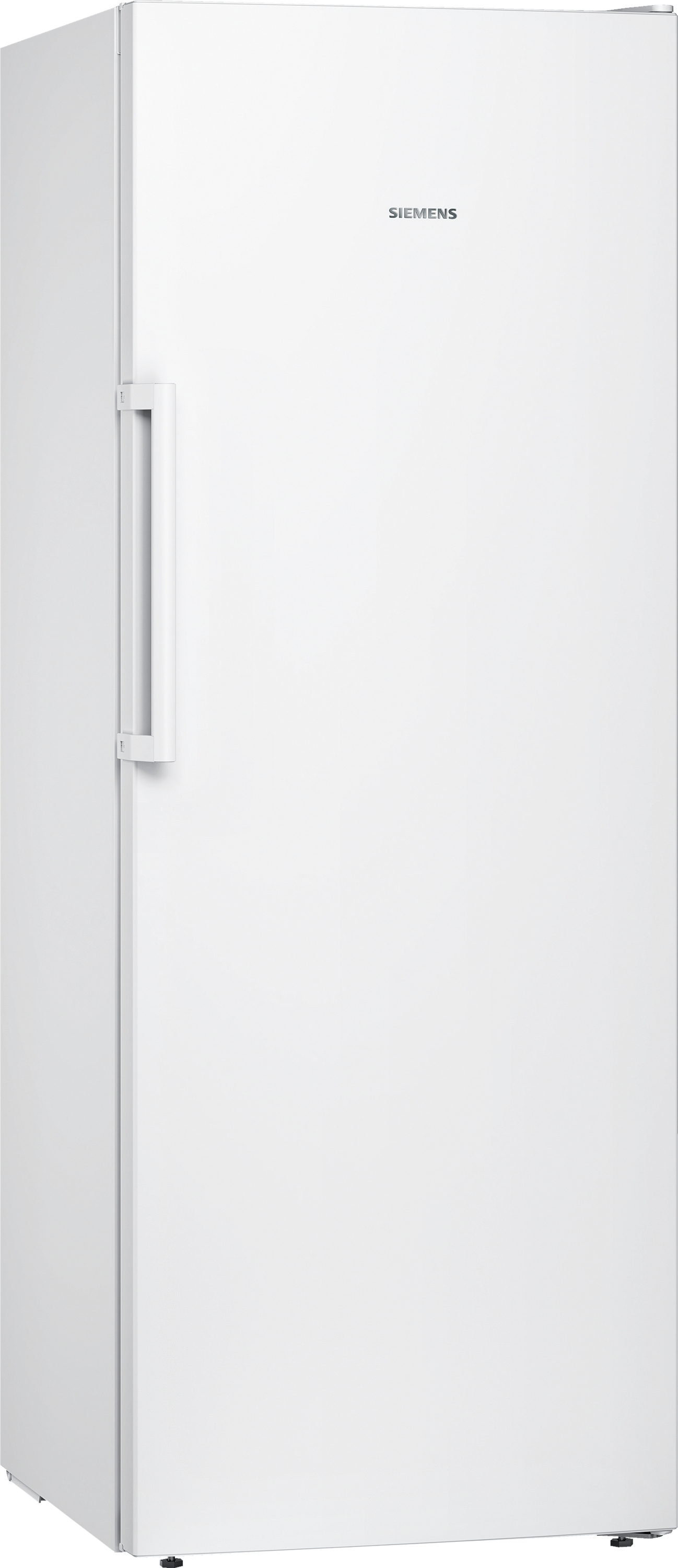 Weißer Siemens Kühlschrank, groß und schlank. Schlichtes Design mit Griff links. Weißer Hintergrund.
