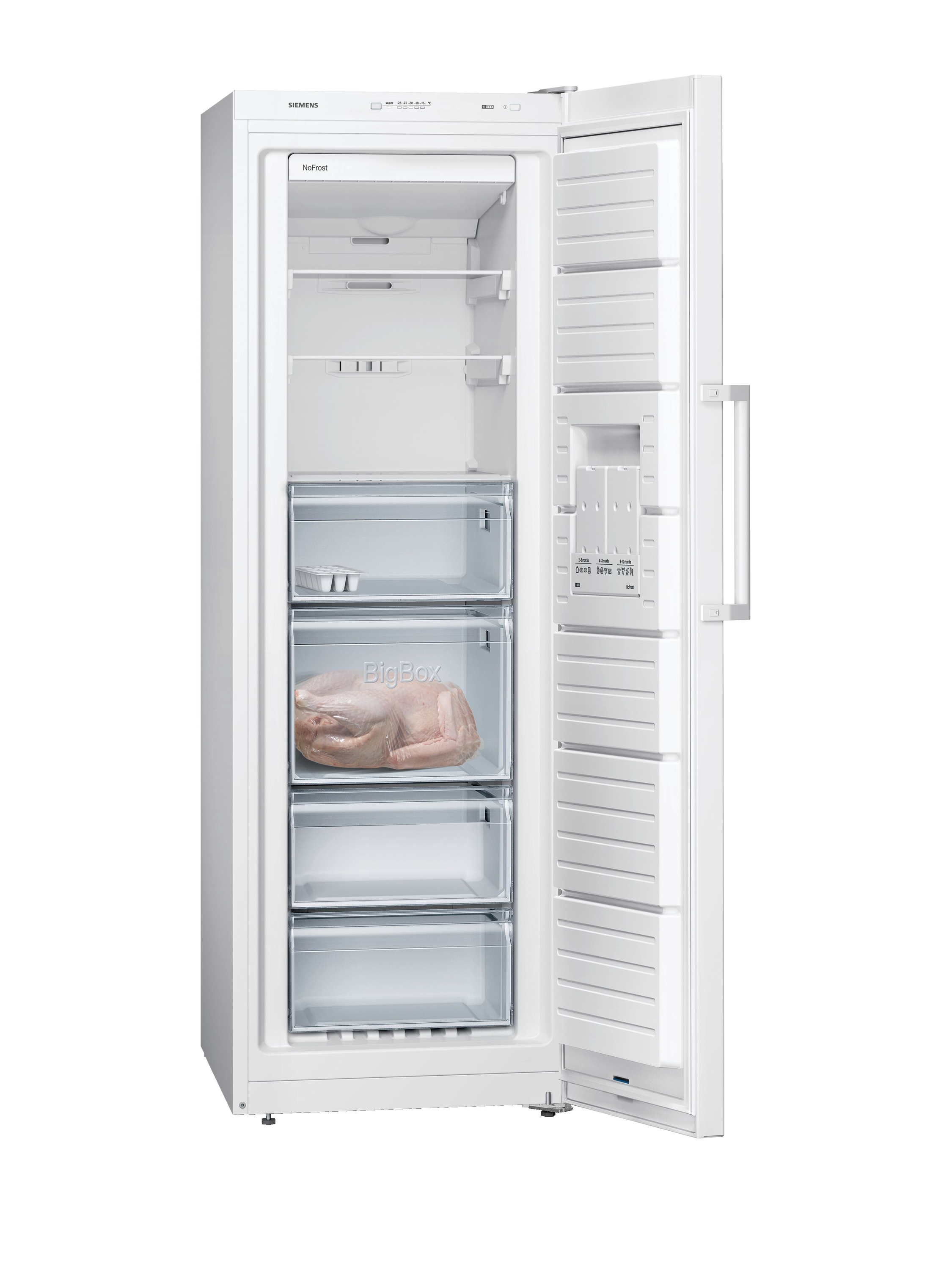 Weißer Gefrierschrank mit offener Tür. Innen Schubladen und ein gefrorenes Huhn in der 'BigBox'.
