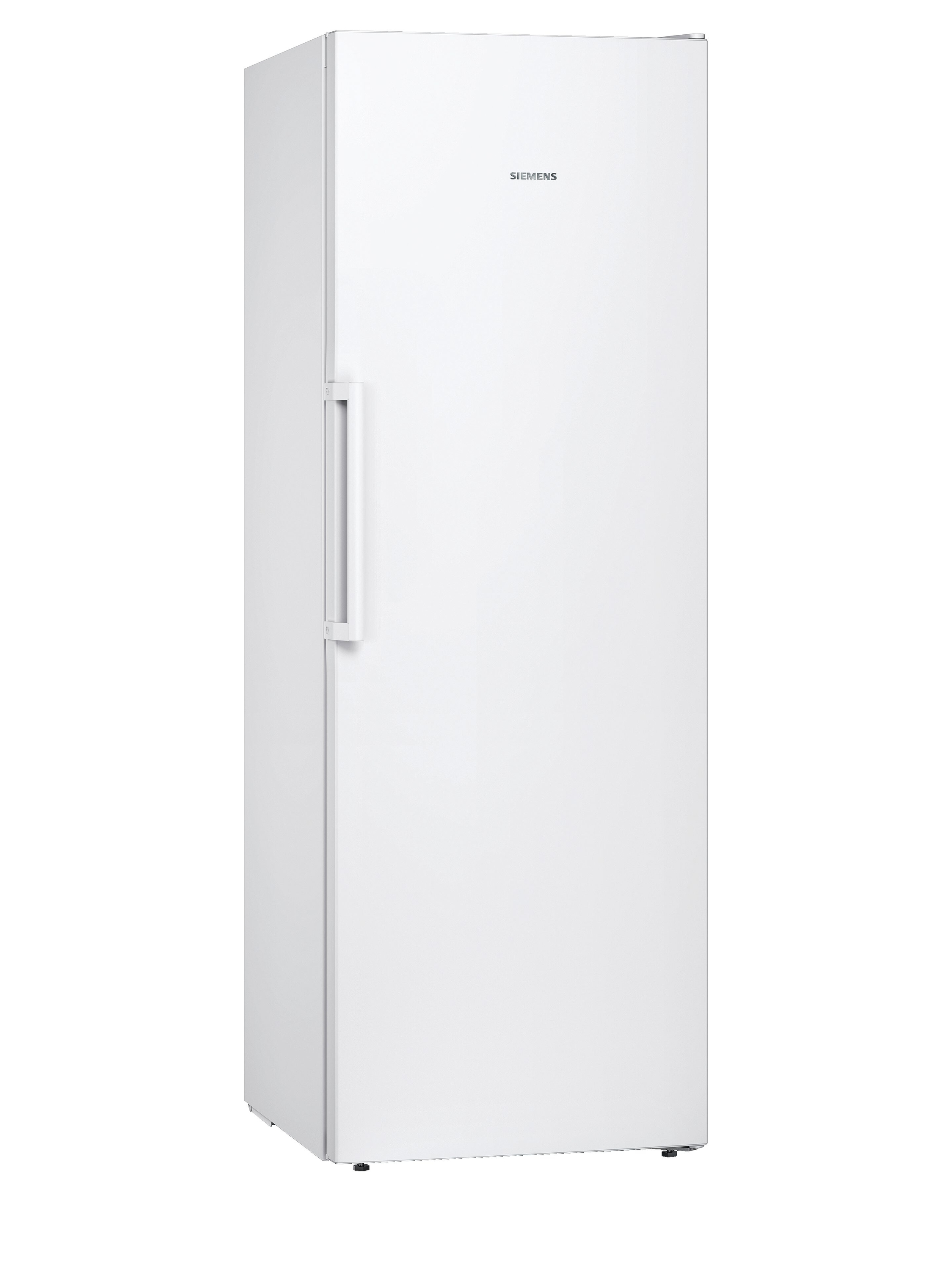 Weißer Siemens-Gefrierschrank. Hoch, schmal, mit Griff auf der linken Seite. Siemens-Logo oben.
