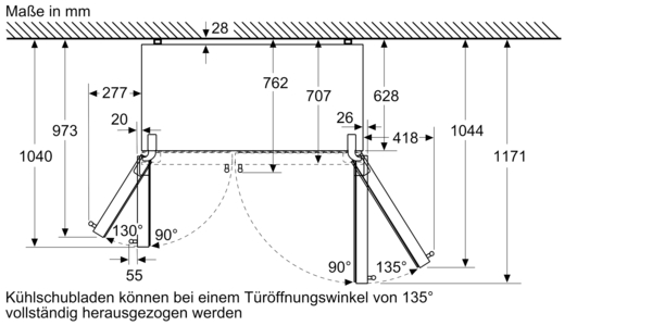 Diagramm mit Abmessungen eines Gefrierschranks.