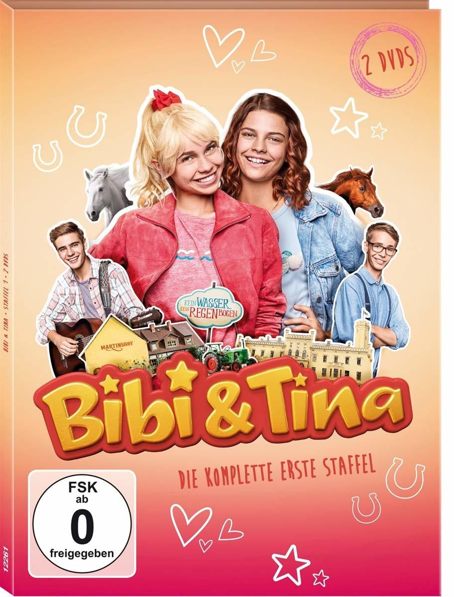 DVD-Hülle mit zwei Mädchen, Pferden und einem Jungen. Text auf Deutsch, mit den Worten Bibi & Tina.
