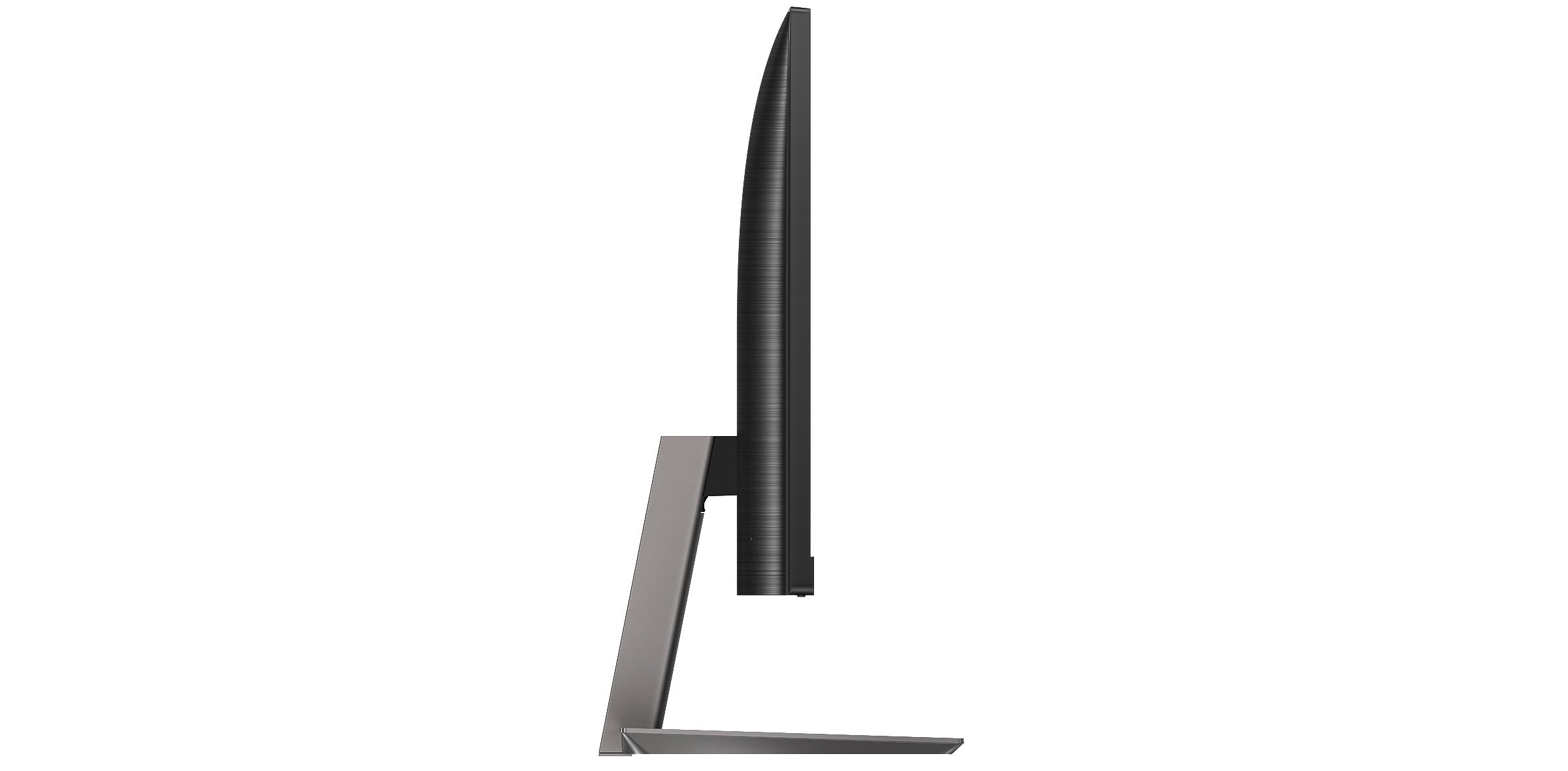 Eine Seitenansicht eines Computermonitors mit silbernem Ständer und dünnem schwarzem Rahmen.
