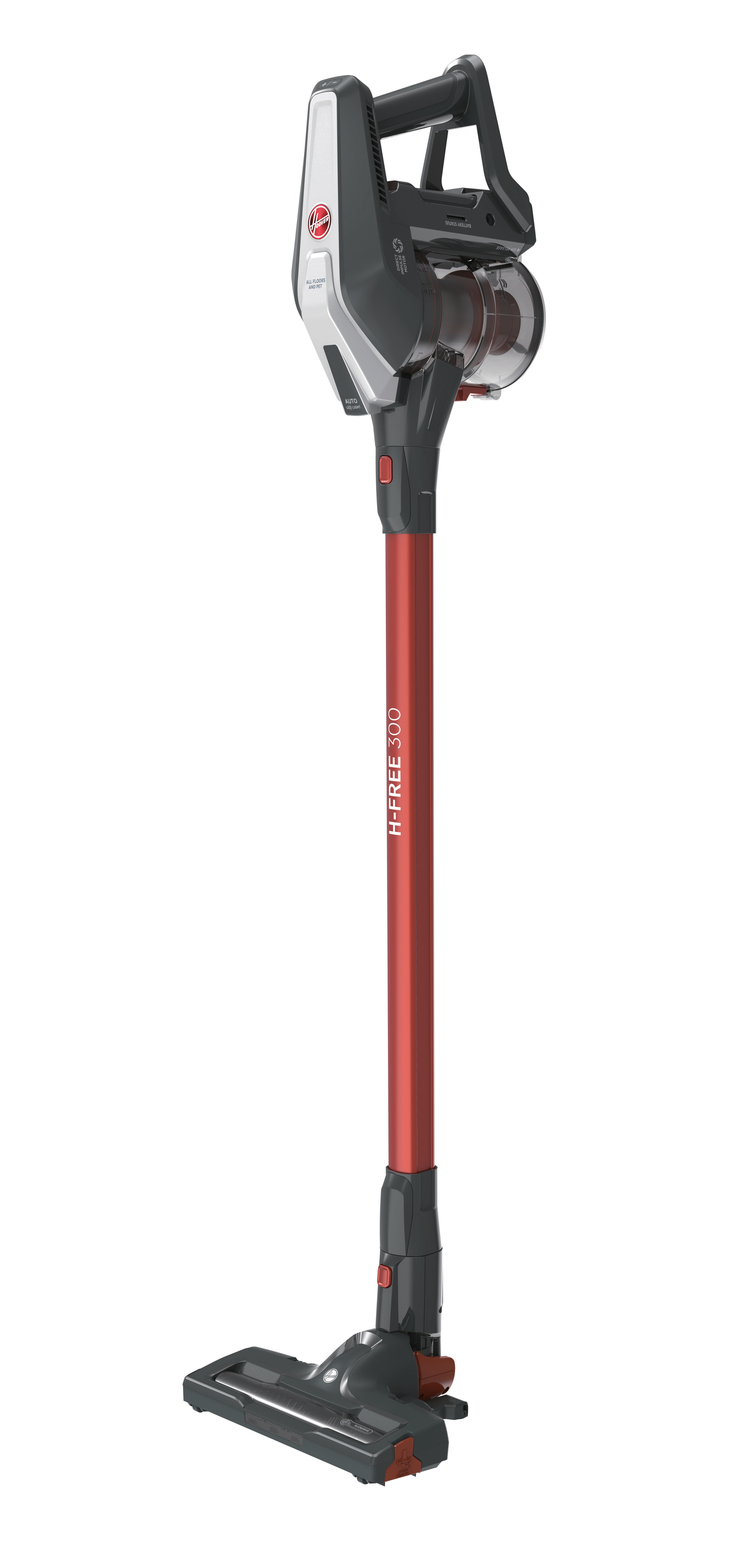 Ein rot-grauer kabelloser Staubsauger mit langem Griff und kleinem Kopf.