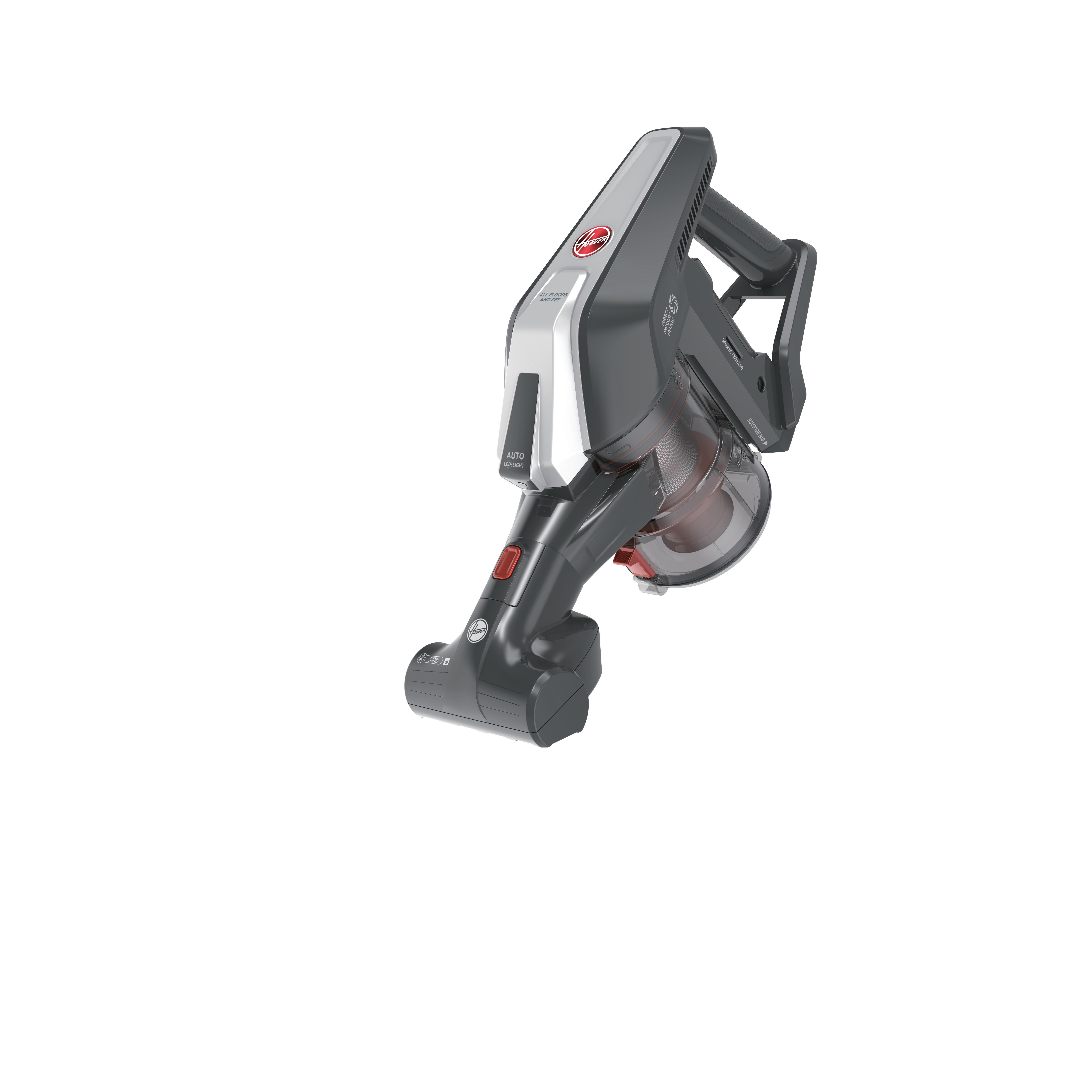Dunkelgrauer kabelloser Hoover Staubsauger mit roten Details.