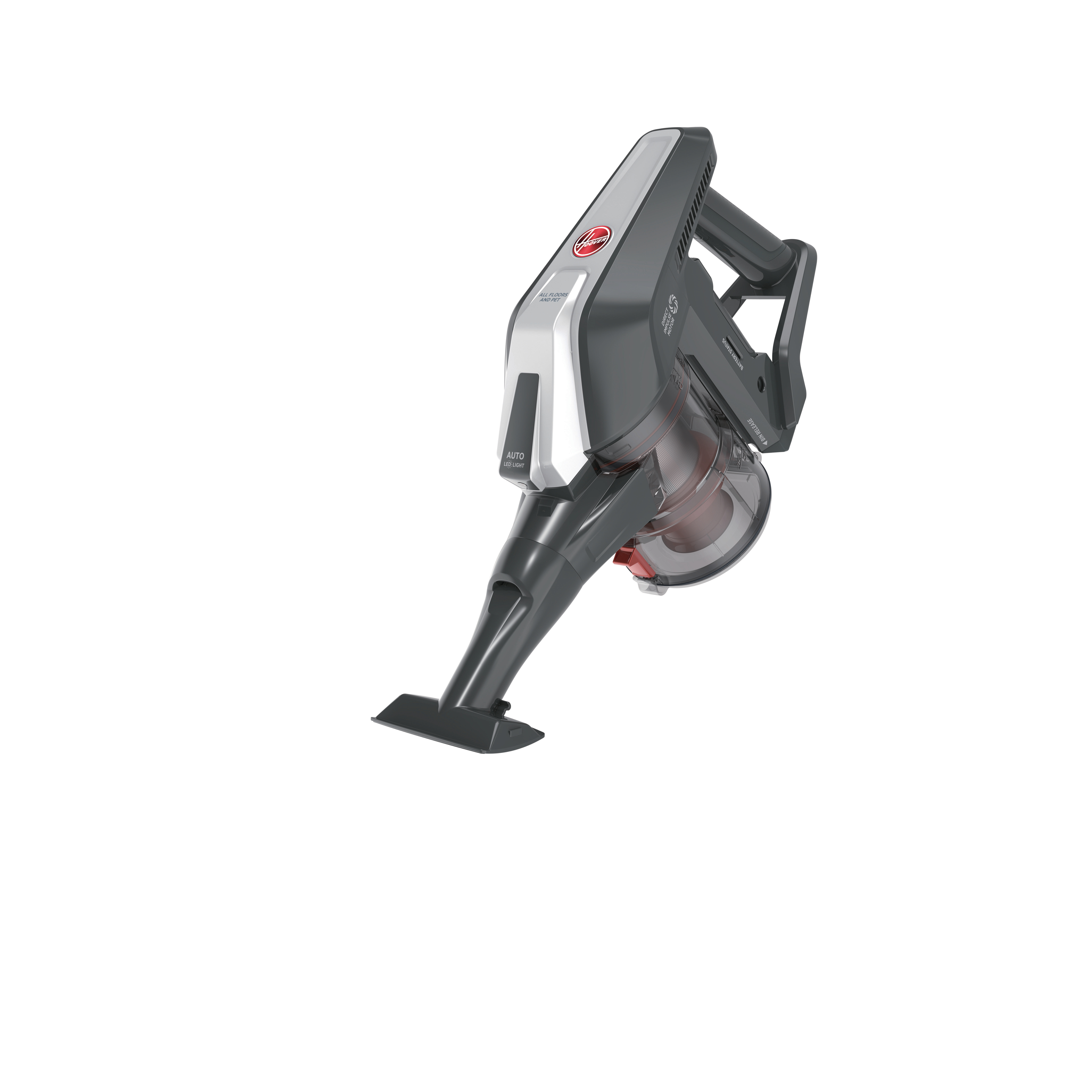 Dunkelgrauer, kabelloser Hoover-Staubsauger mit dunkelgrauer Düse.