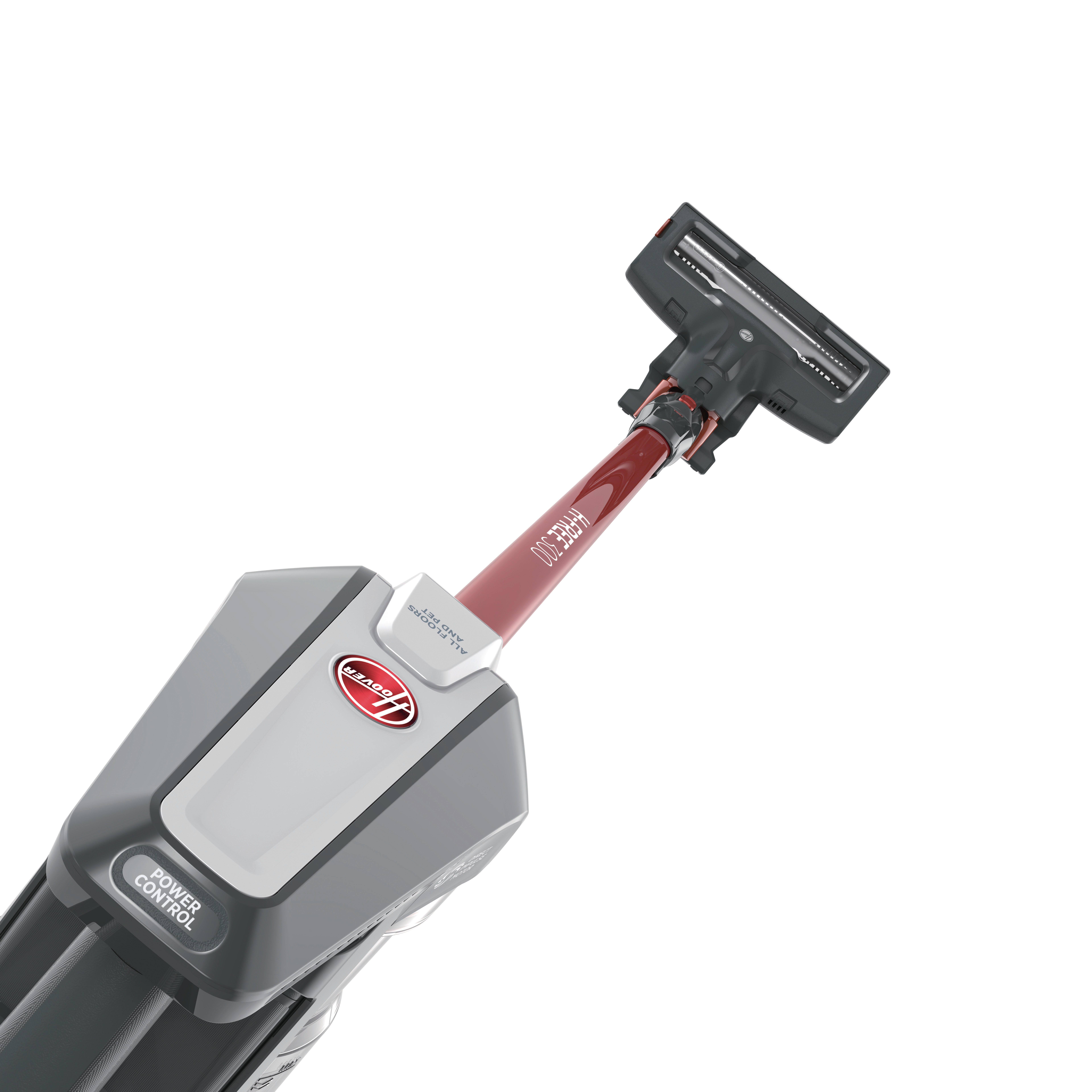 Handstaubsauger. Es ist grau und rot, mit dem Markennamen 'Hoover'.