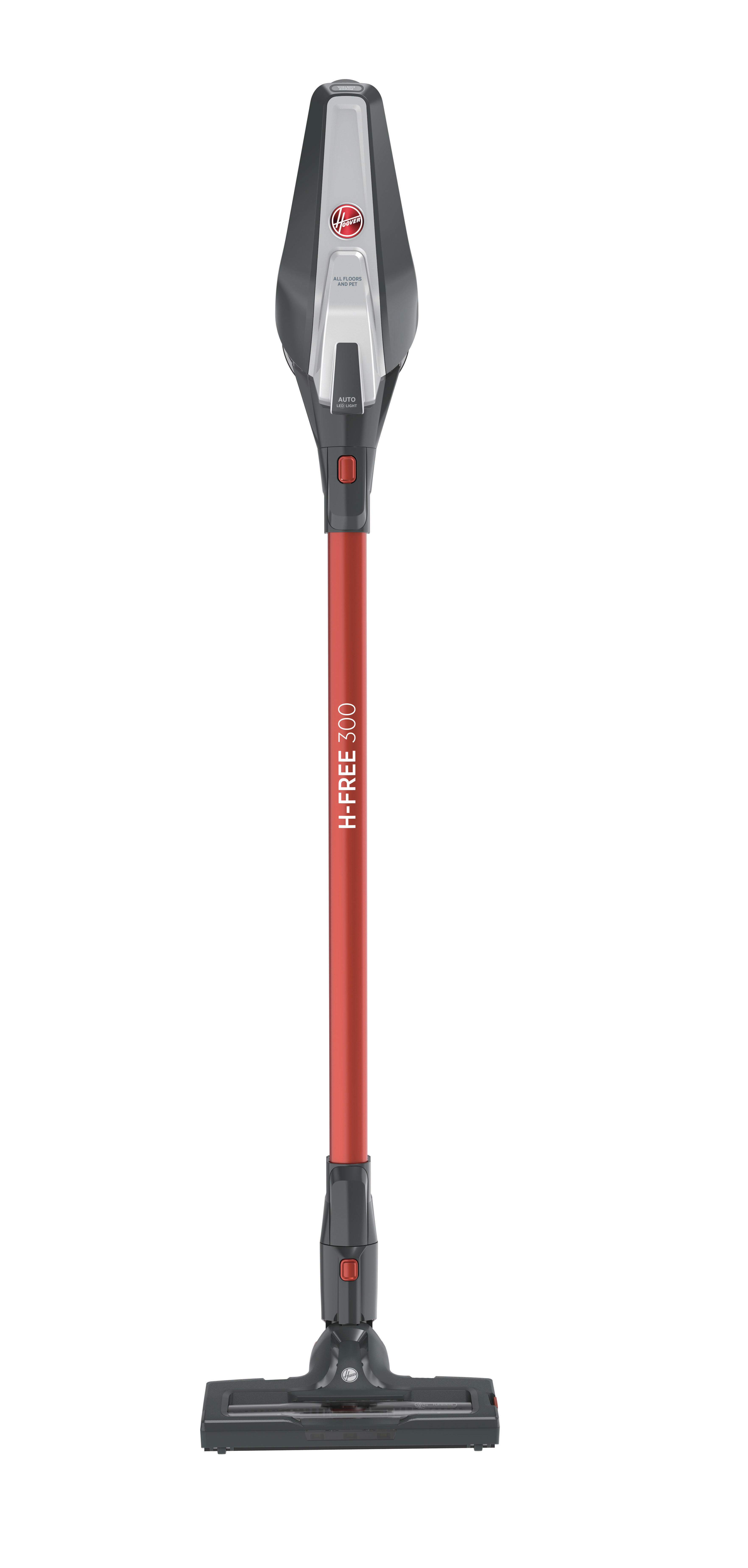 Roter und grauer kabelloser Staubsauger. Er steht aufrecht auf weißem Hintergrund.