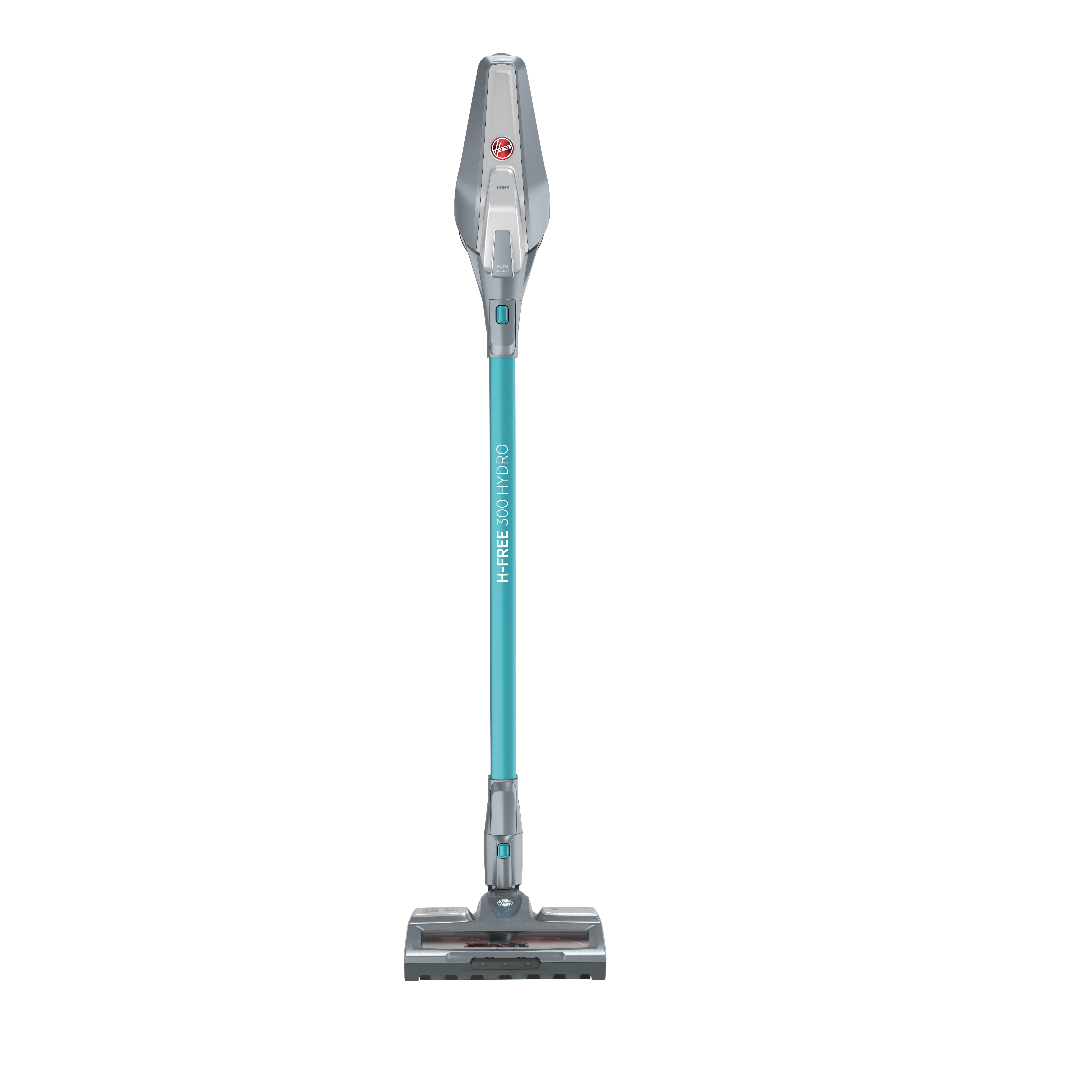 Ein schnurloser Staubsauger in Türkis und Silber. Der Korpus ist lang und steht aufrecht.