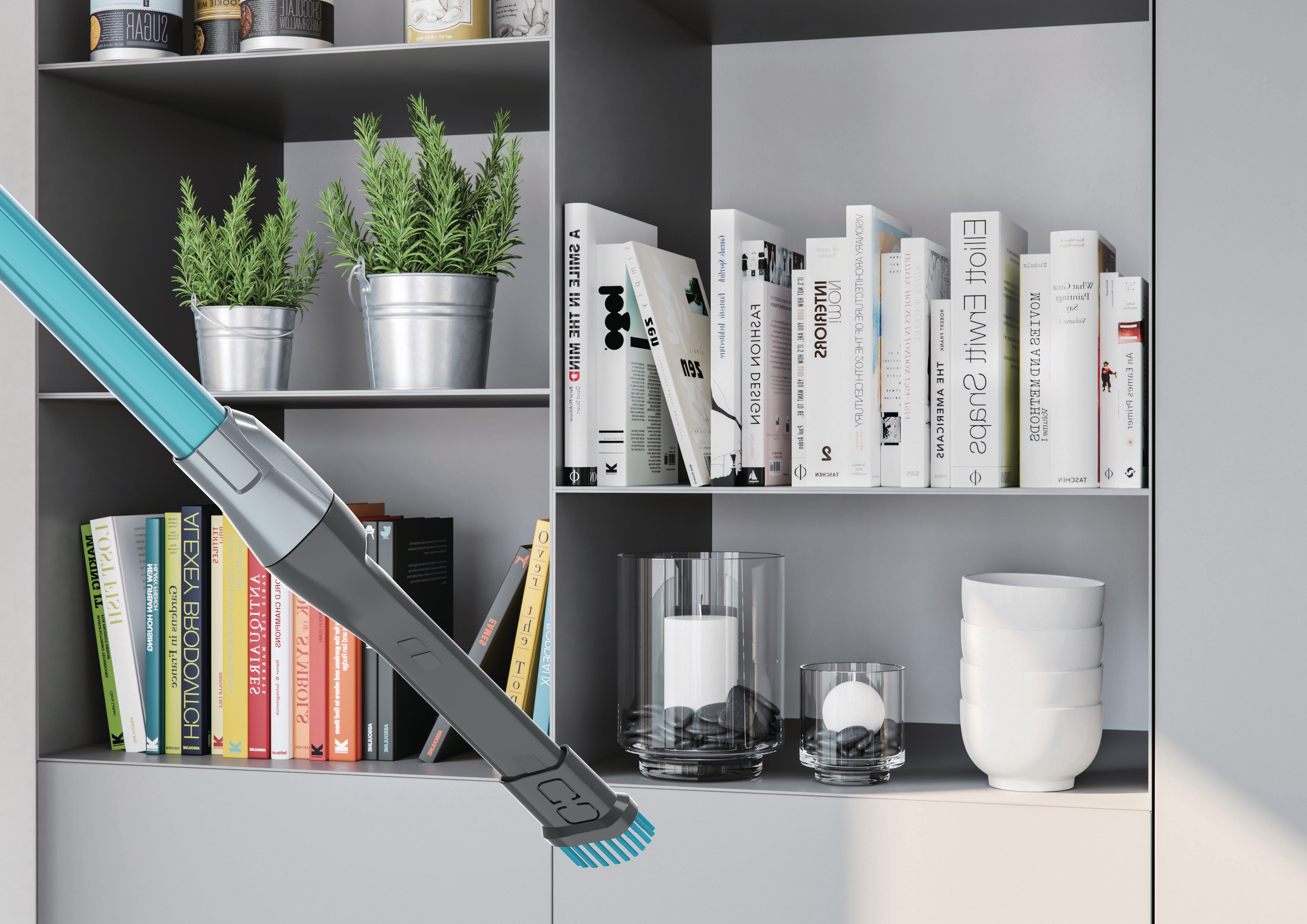 Ein Staubsaugerkopf mit blauem Schlauch und rotem Hoover-Logo.