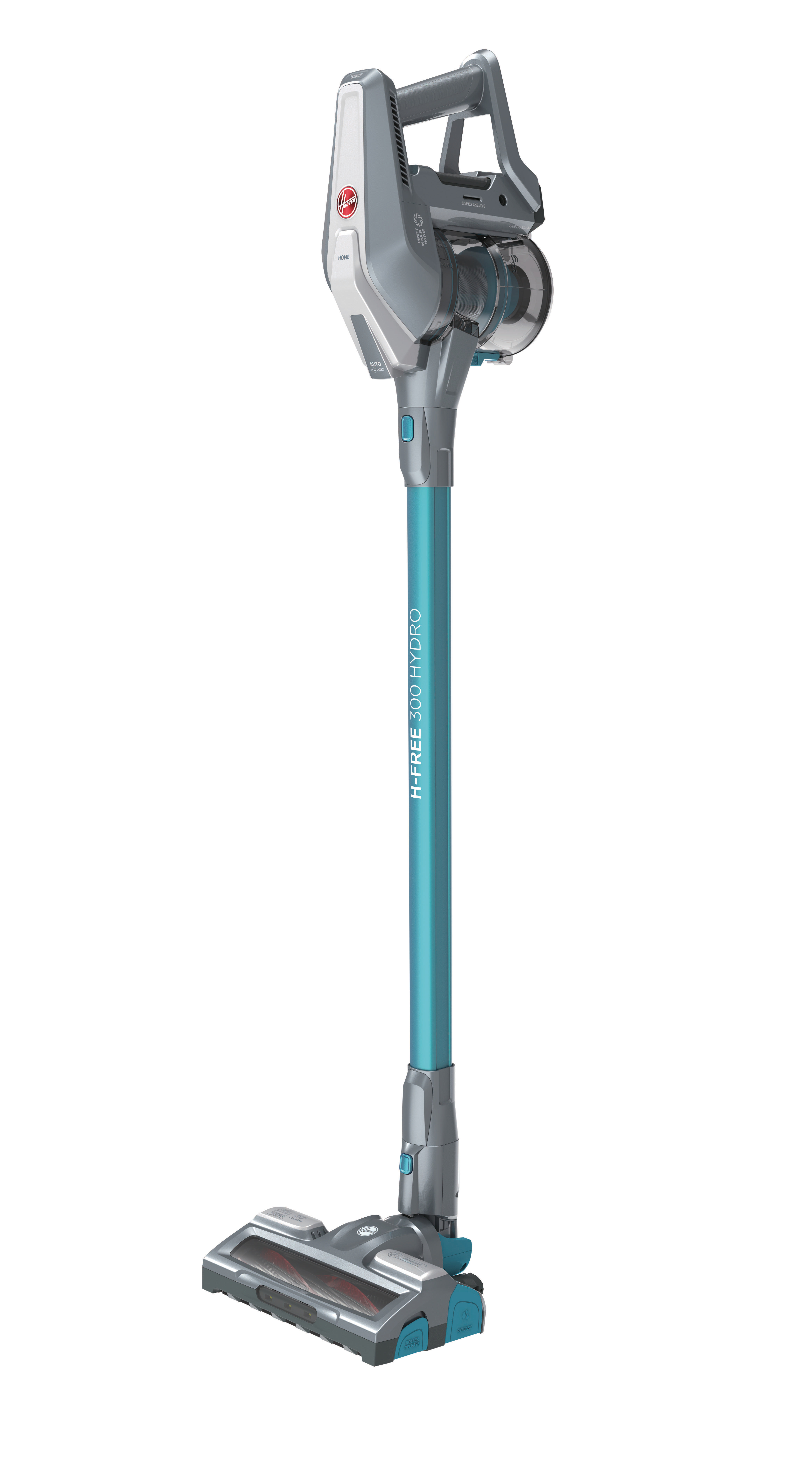 Ein teal-farbener und grauer kabelloser Stielstaubsauger mit dem Namen 'H-FREE SCOOTHYLER PRO'.