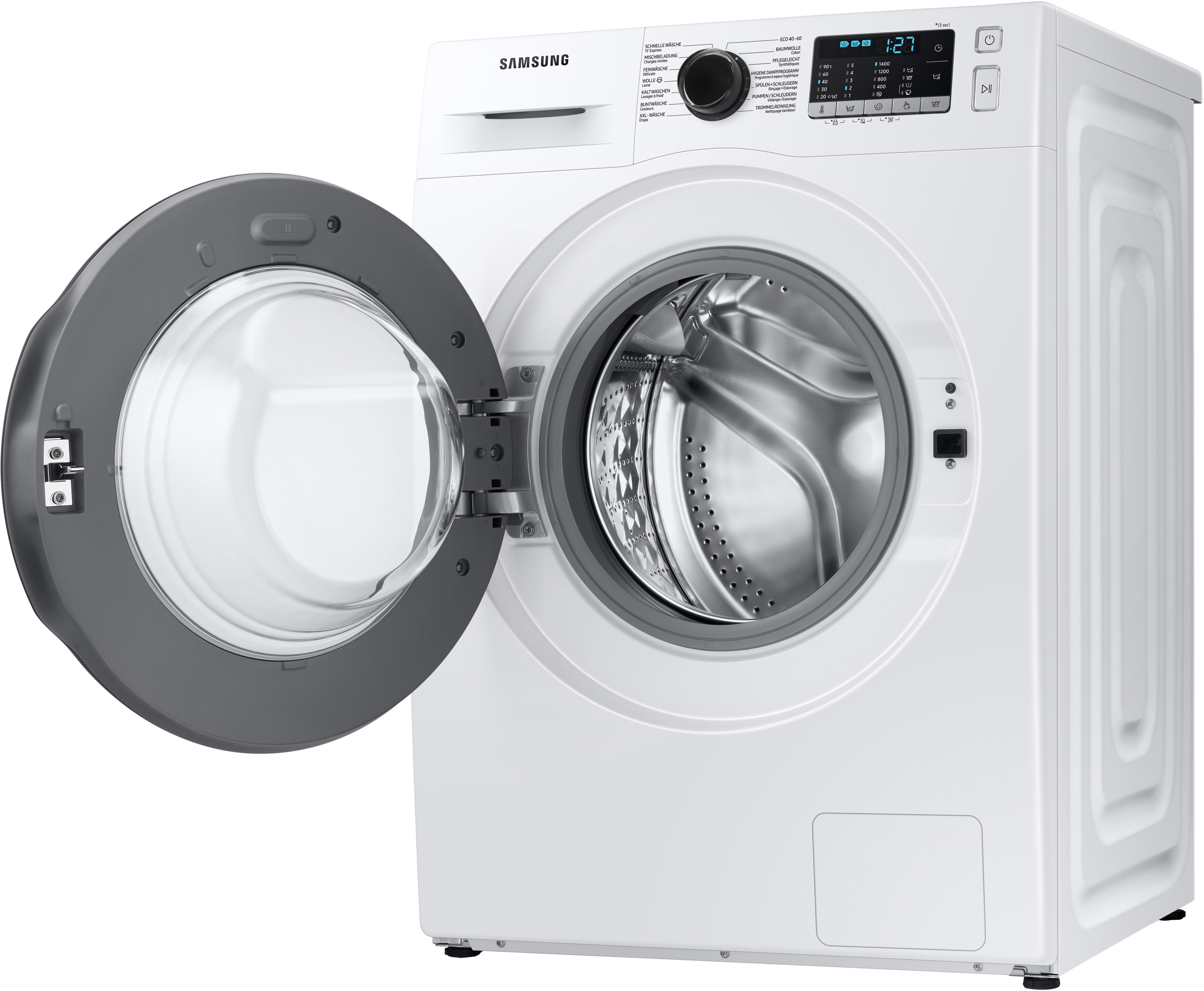 Lavatrice Samsung bianca con porta aperta, tamburo visibile. Cornice grigia.