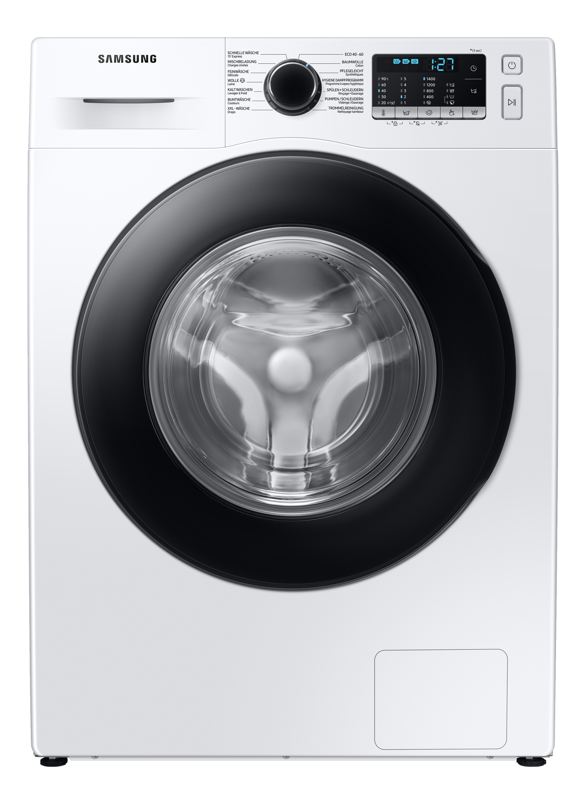 Lavatrice Samsung bianca con porta nera. Pannello comandi e display digitale.