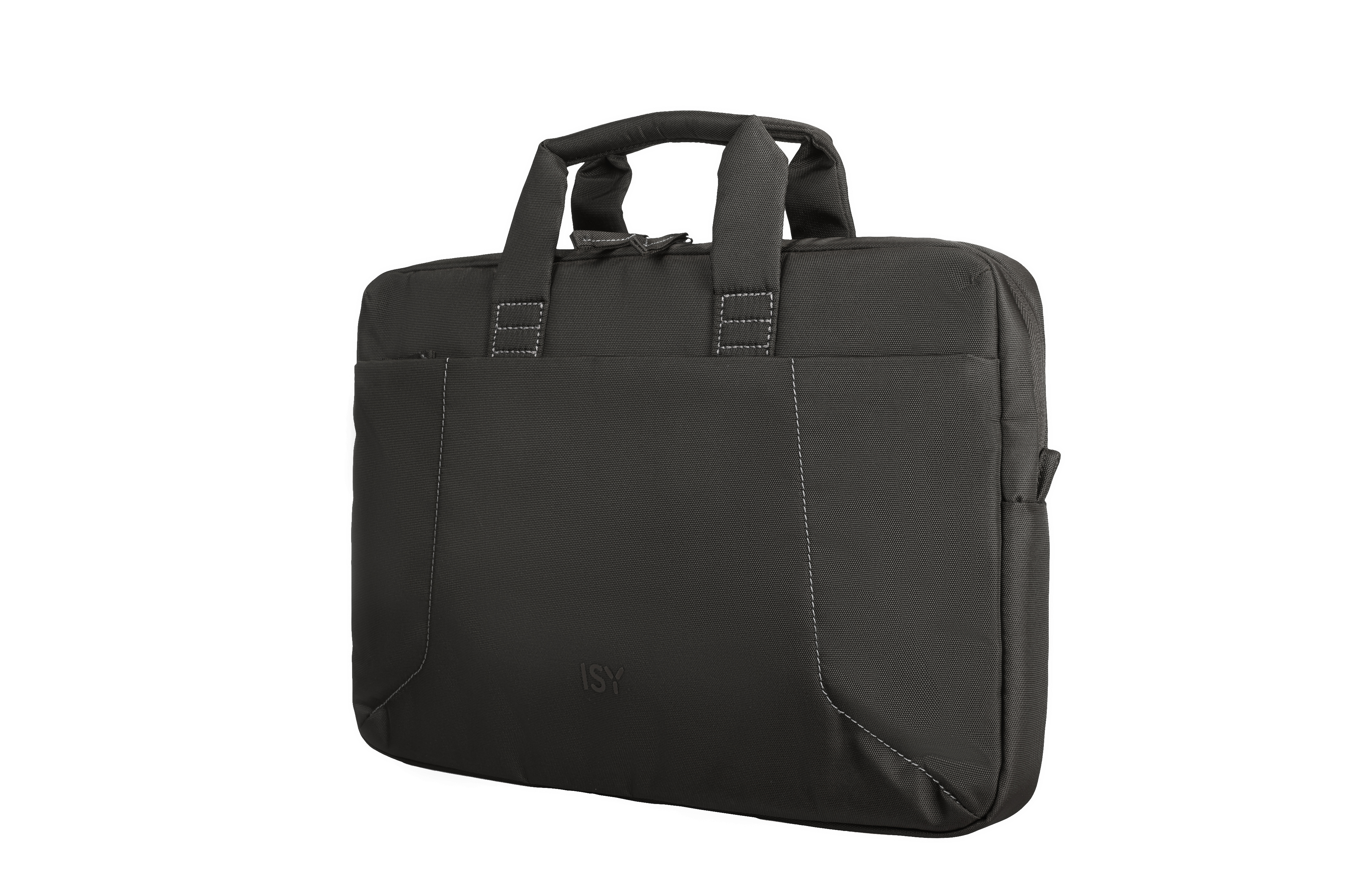 Schwarze Laptoptasche mit Griff und weißen Nähten auf weißem Hintergrund.