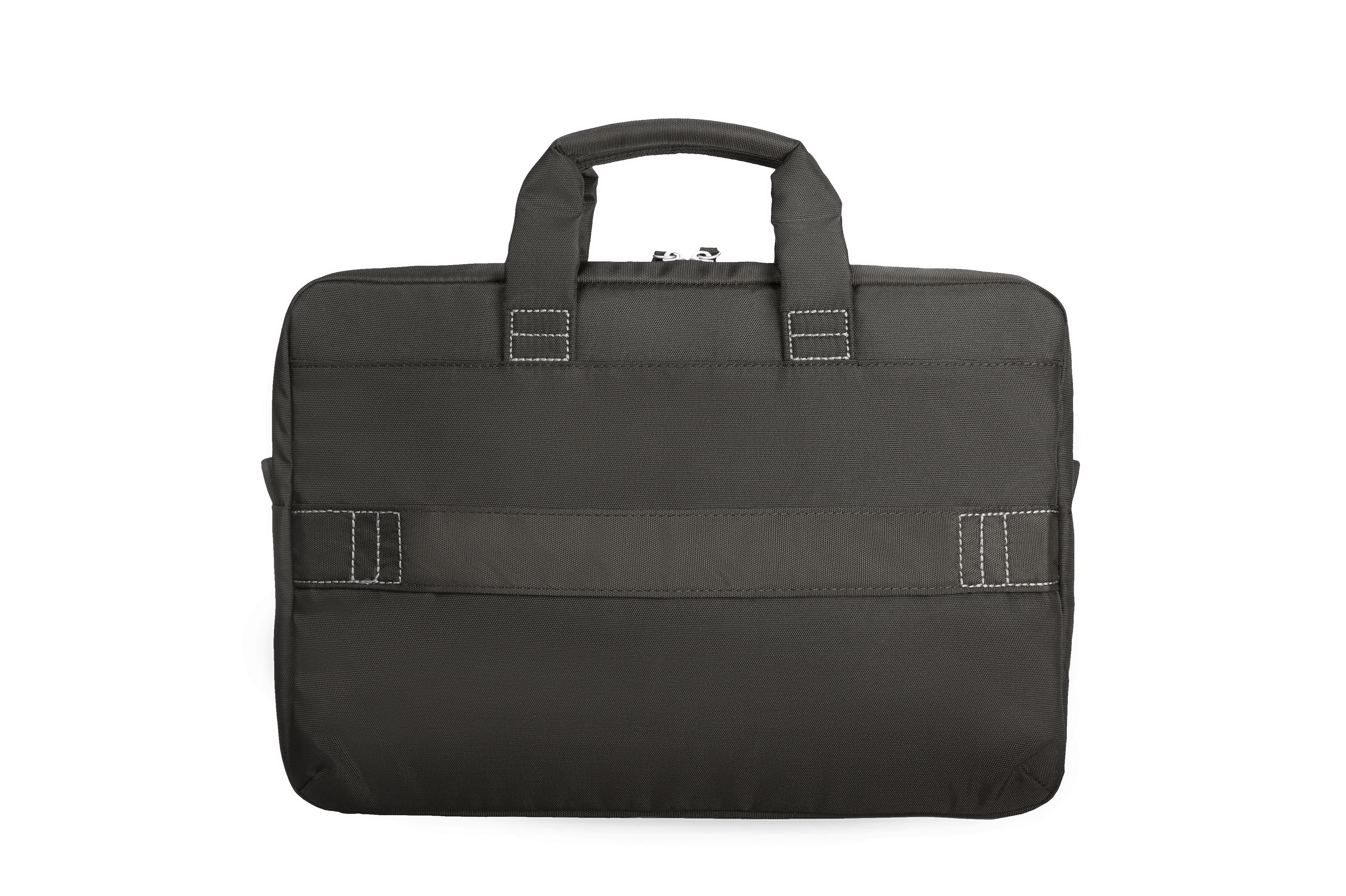 Rückseite der schwarzen Laptoptasche, mit Griff und weißen Nähten auf weißem Hintergrund.