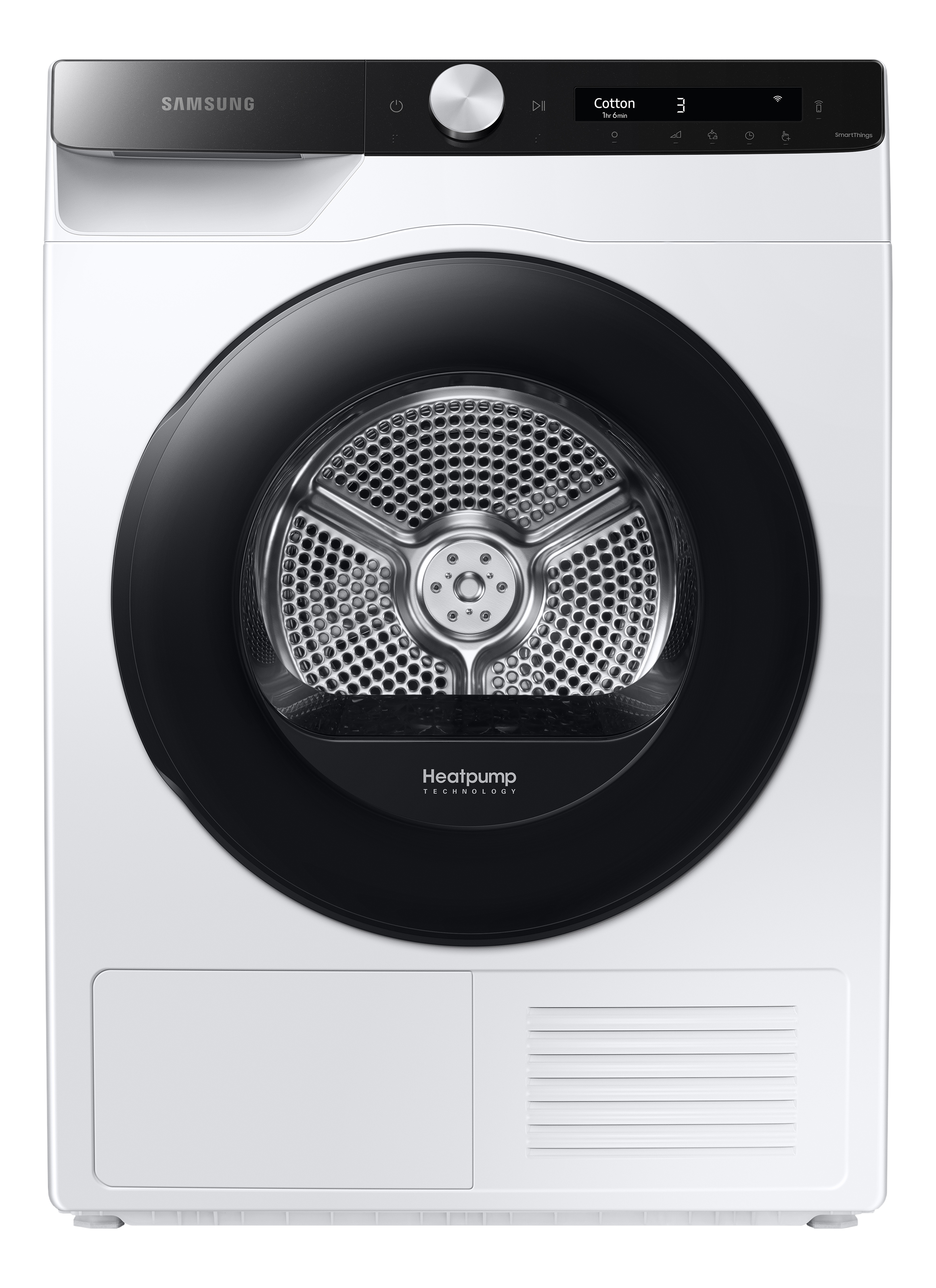 Weißer Samsung Trockner mit schwarzer Tür und Oberseite. Schwarzer Hintergrund.