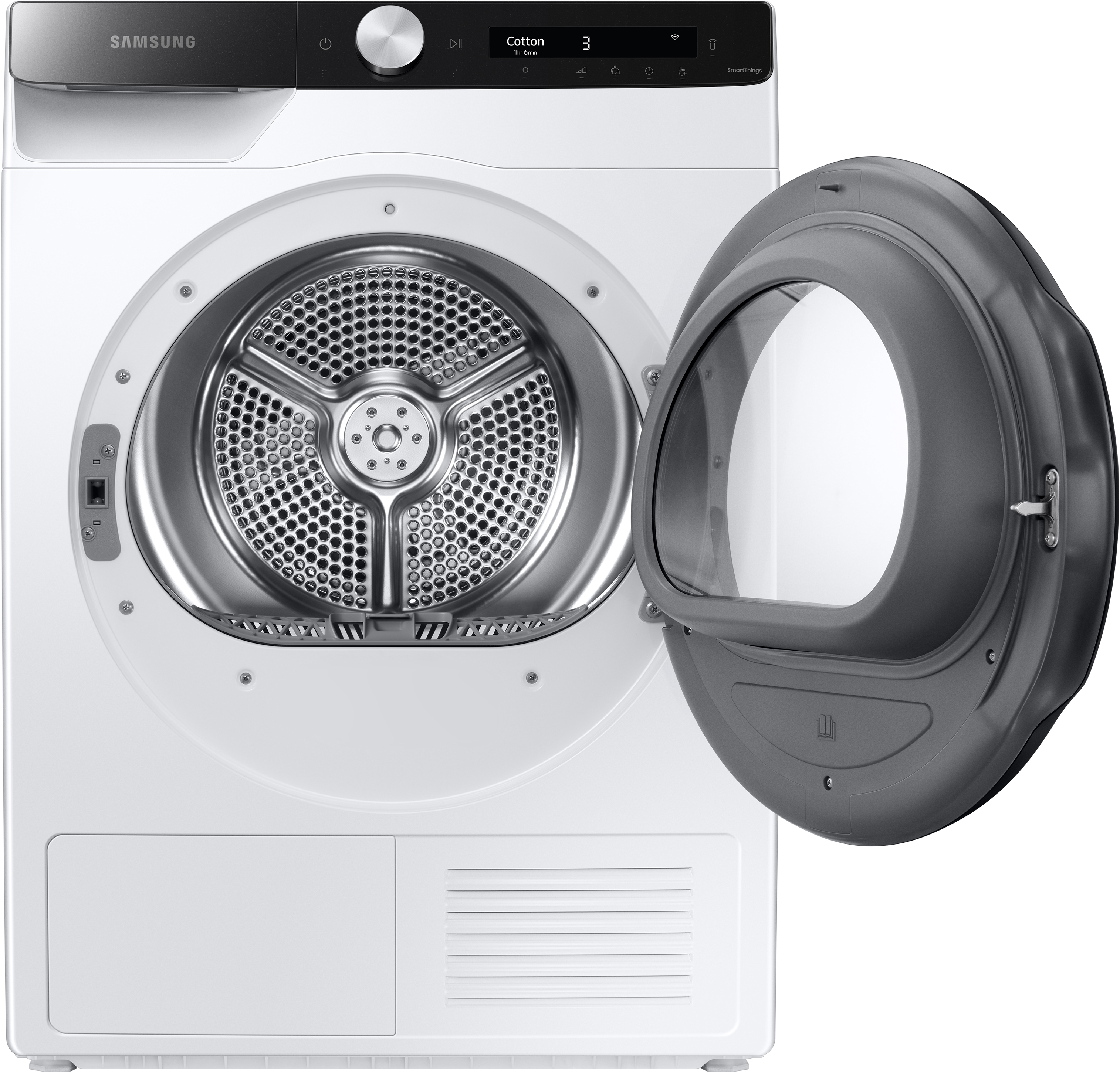 Eine weiße Samsung Waschmaschine, Tür geöffnet, zeigt die Trommel.