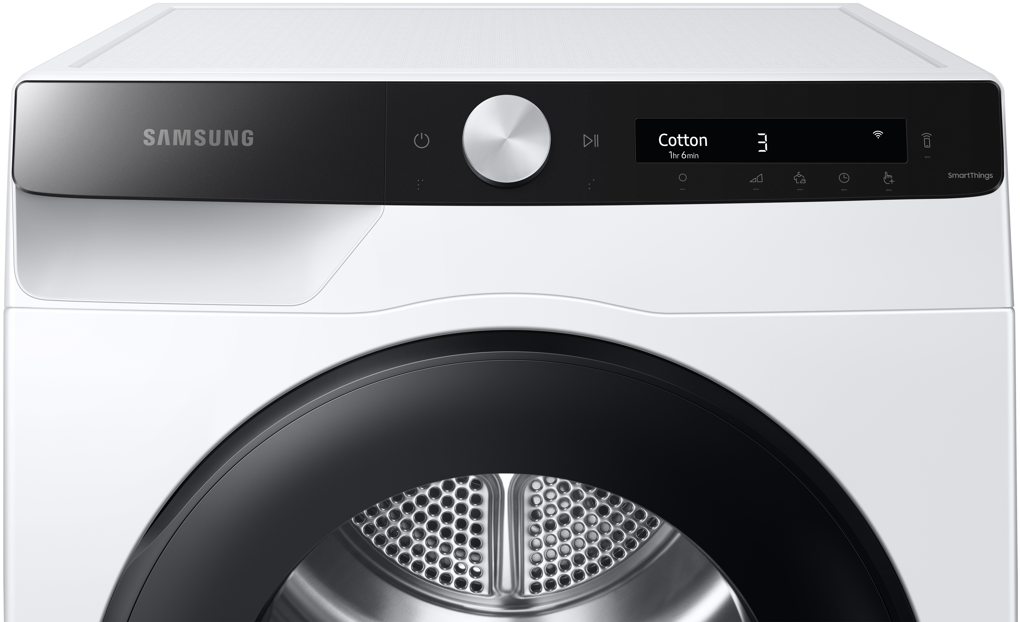 Weiße Trocknerfront. Schwarze Tür, Bedienfeld. Samsung-Logo oben.