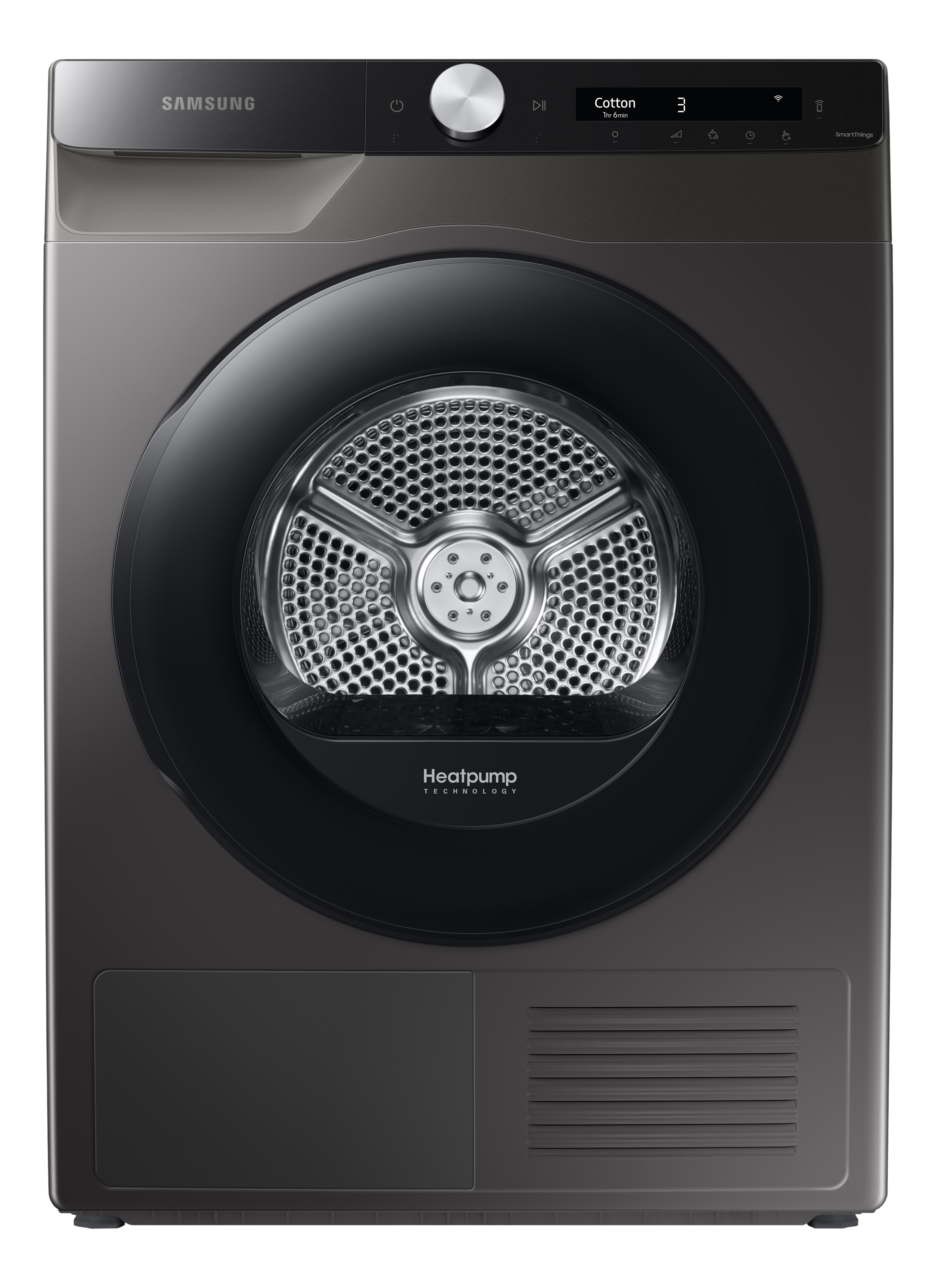 Sèche-linge noir Samsung avec porte ronde noire.