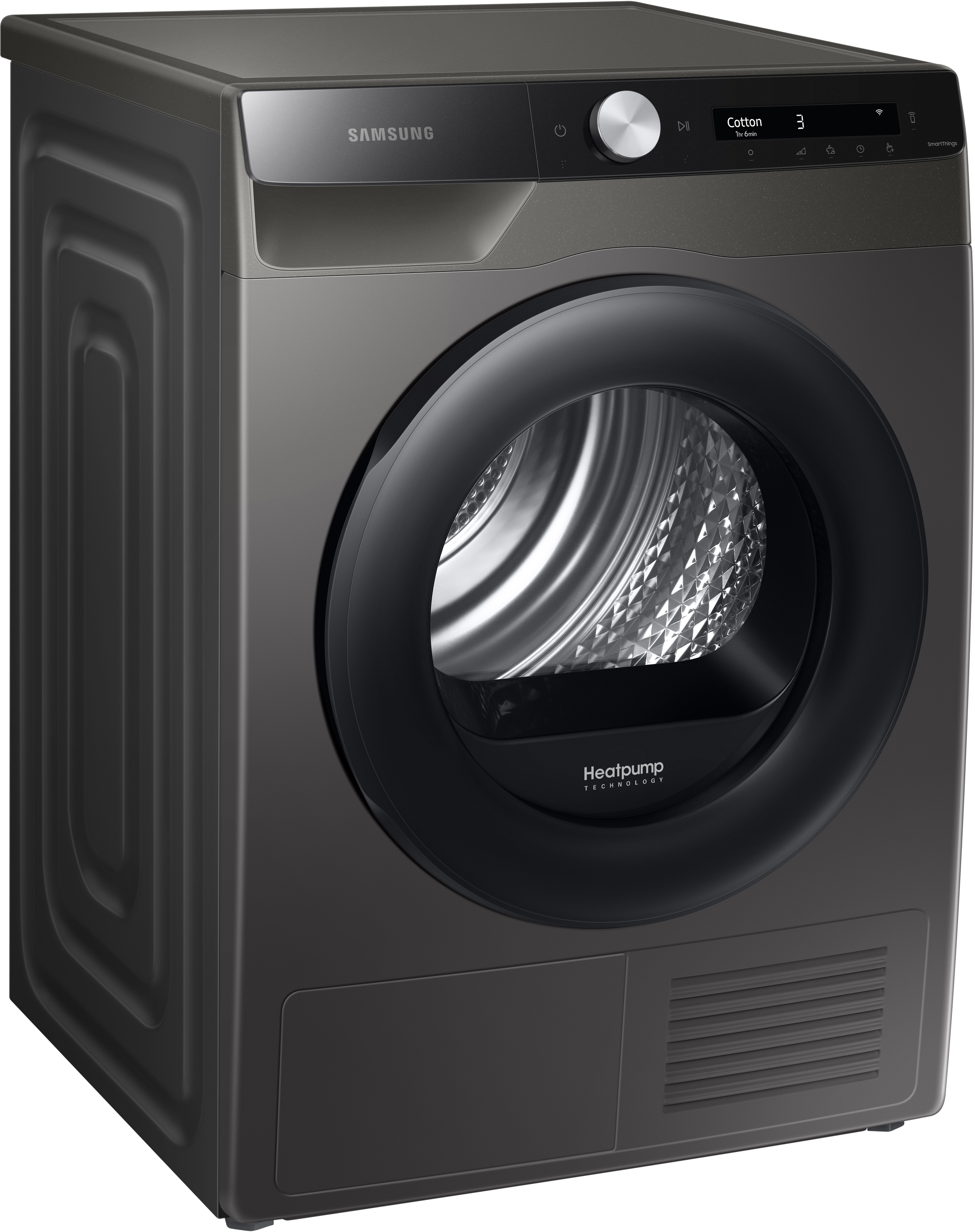 Sèche-linge Samsung gris foncé avec porte noire, panneau de commande et ventilation en bas.