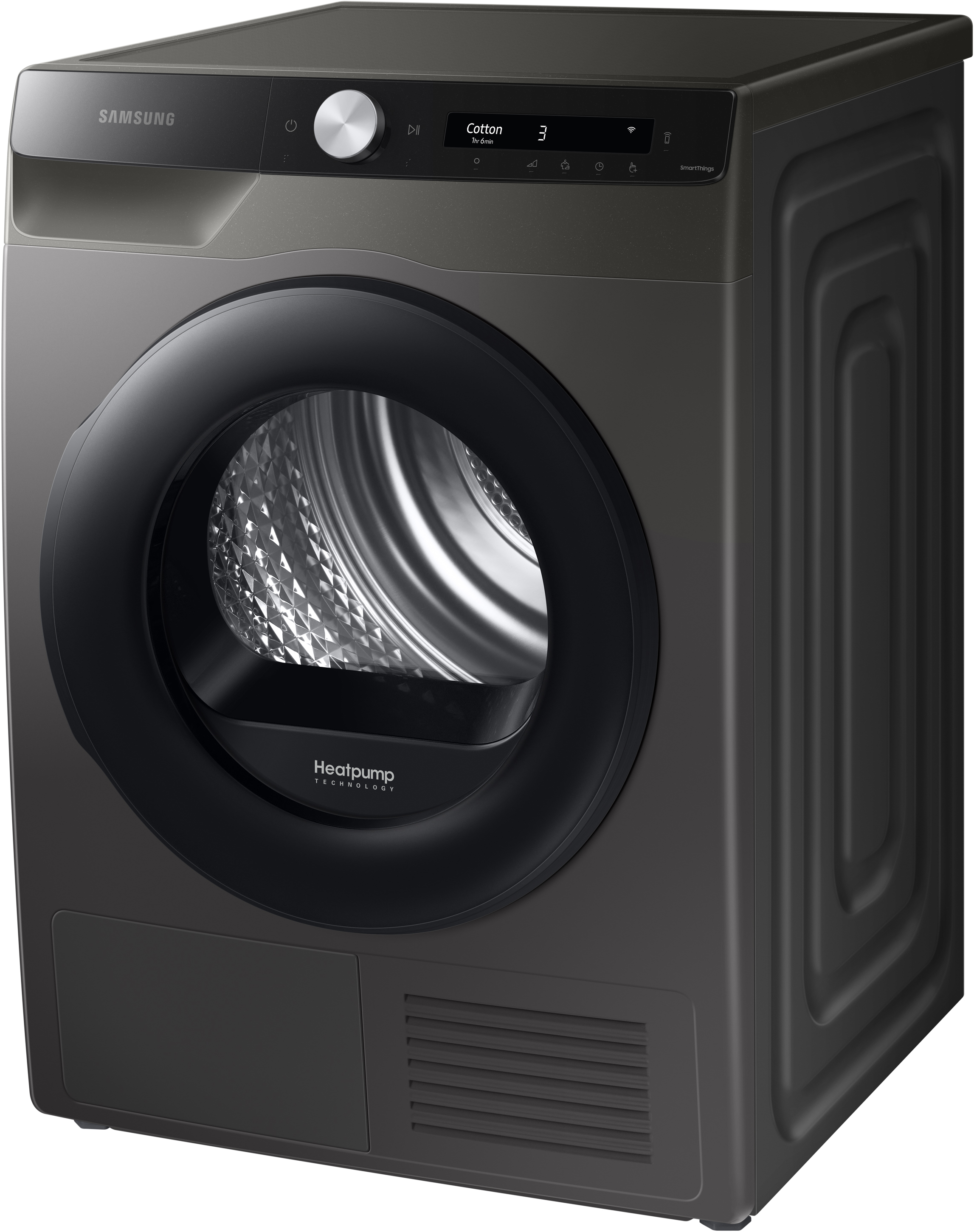 Sèche-linge gris foncé. Porte noire, panneau de commande. Logo Heatpump visible.