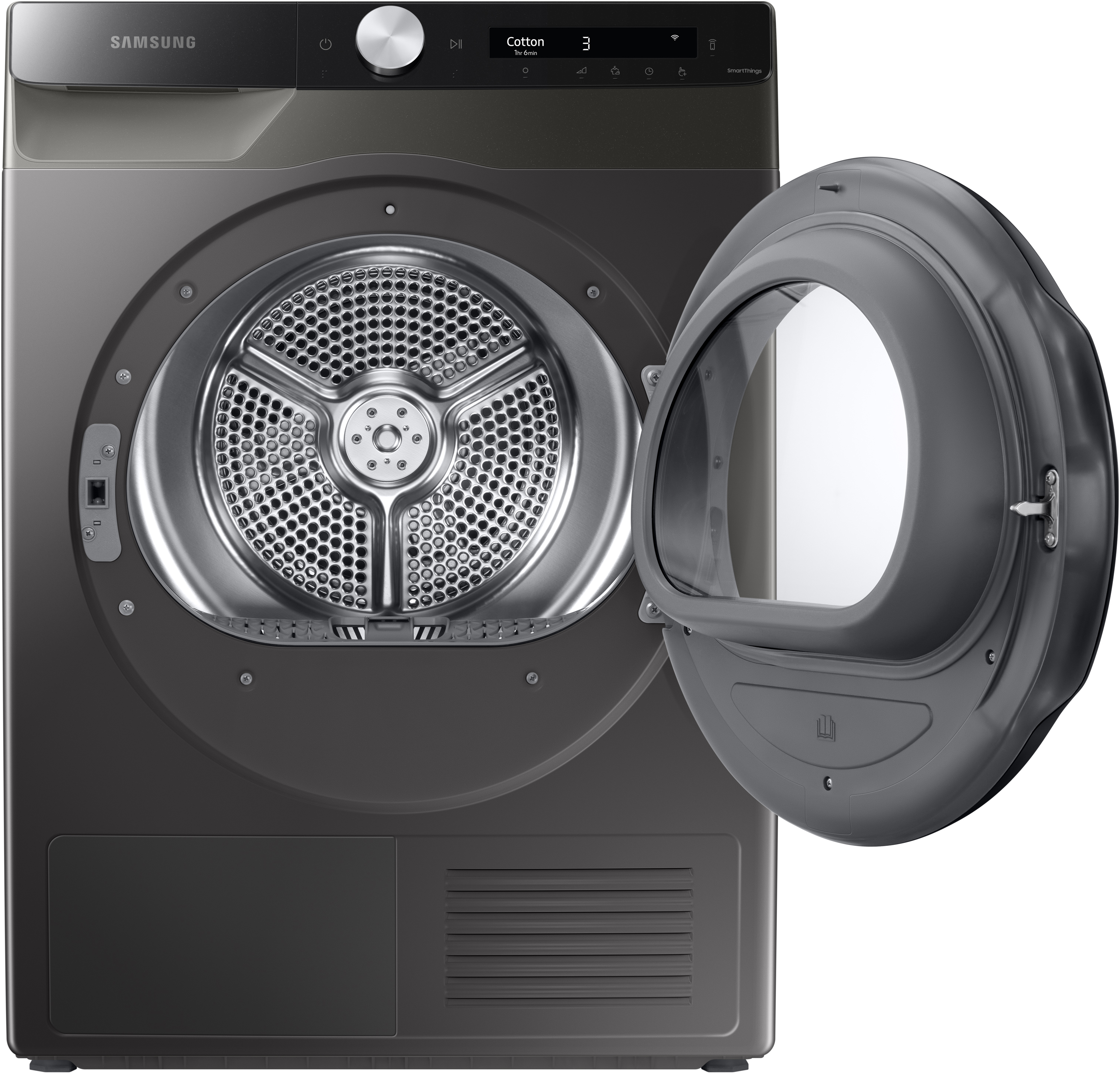 Un sèche-linge Samsung gris foncé avec porte ouverte, tambour visible.