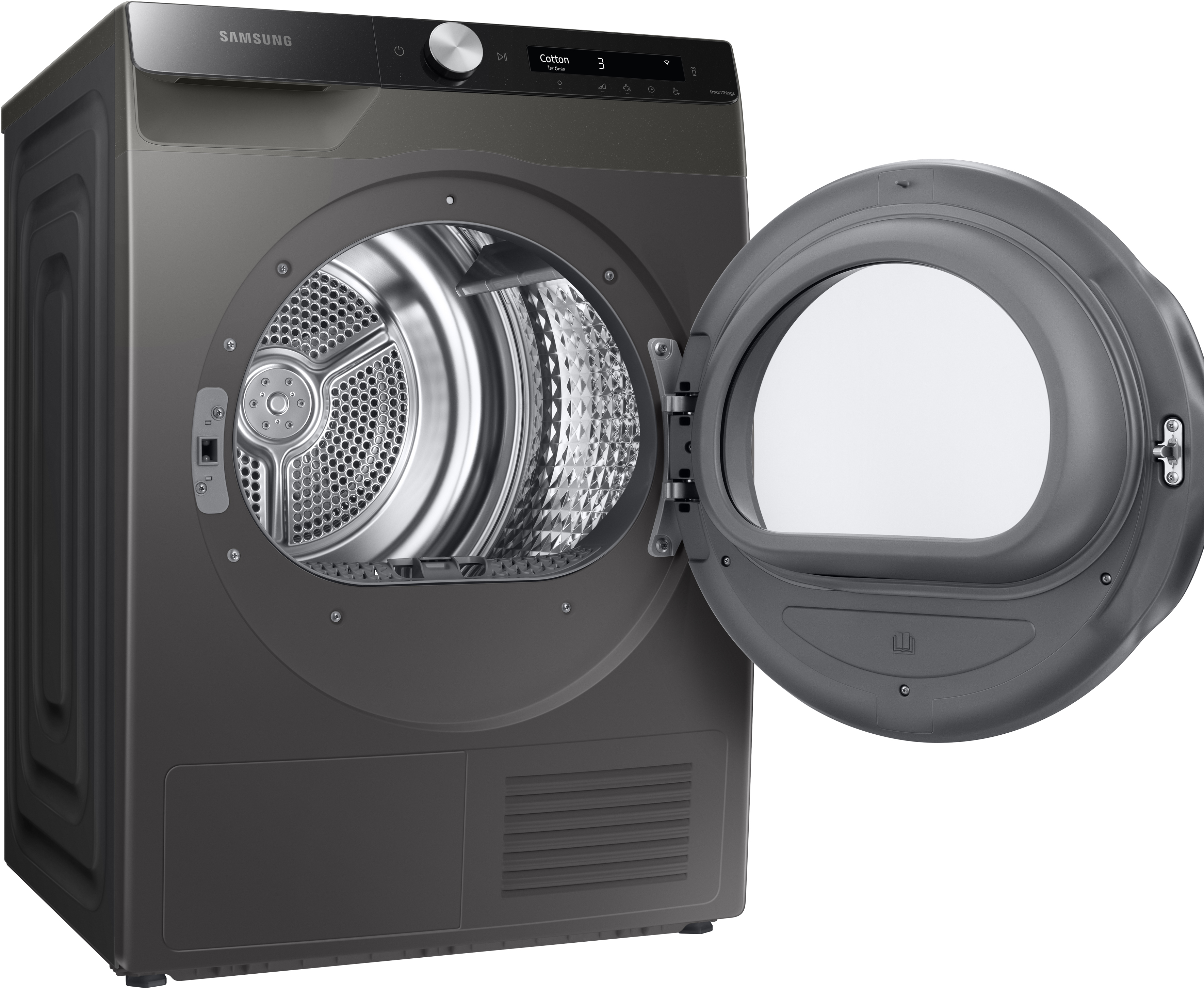 Un sèche-linge Samsung gris foncé avec la porte ouverte.