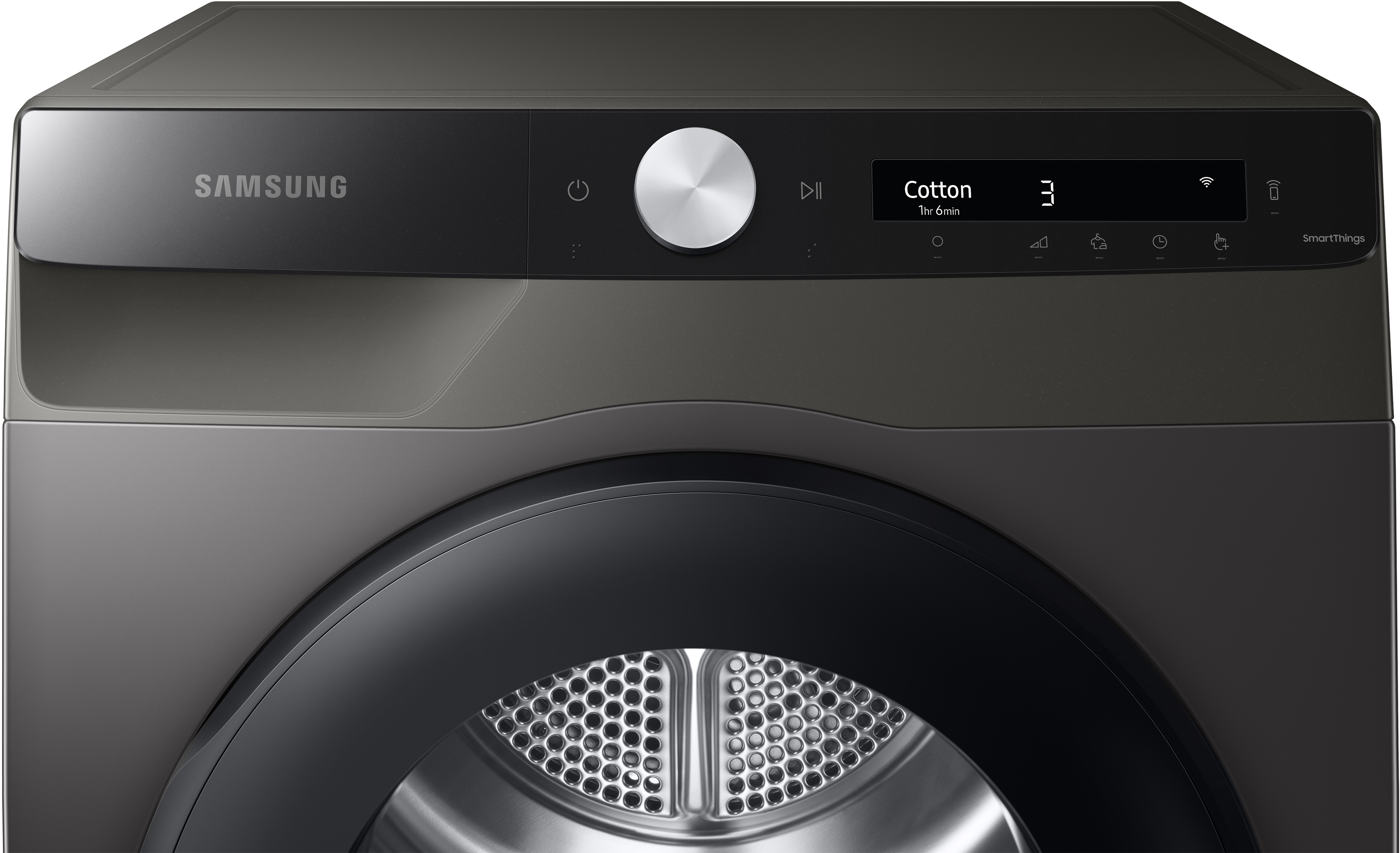 Gros plan sur le panneau de commande d'un sèche-linge Samsung avec un cadran et un écran.