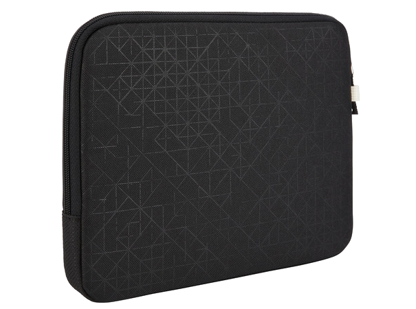 Fekete laptop tok cipzárral és geometriai mintával.