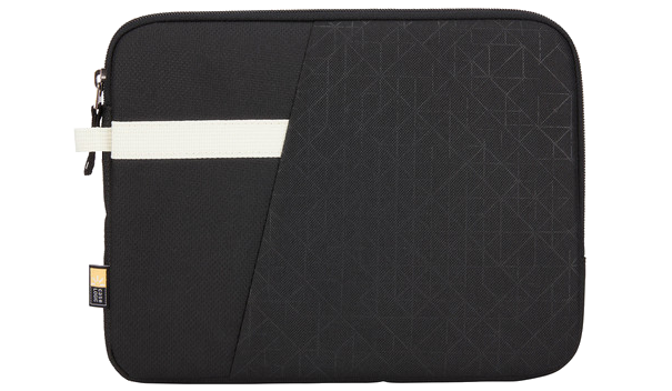 Fekete laptop tok fehér csíkkal és Case Logic logóval. A textúra geometriai mintázatú.