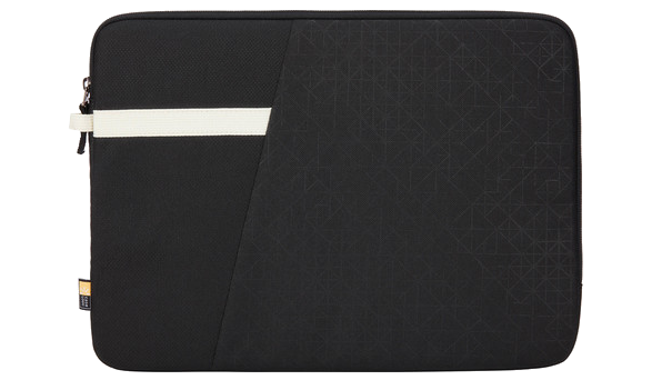Fekete laptop tok fehér csíkkal és geometriai mintával.