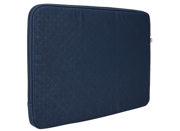 Egy sötétkék laptop tok geometriai mintával és cipzárral, fehér háttéren.