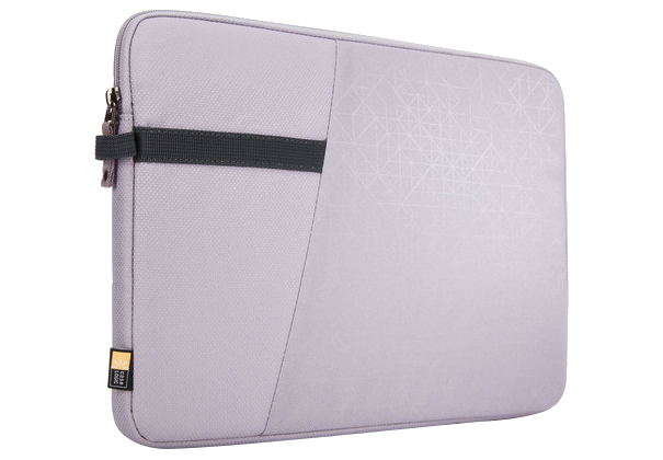 Világosszürke laptop tok sötétszürke szalaggal és cipzárral, elöl geometriai mintával.