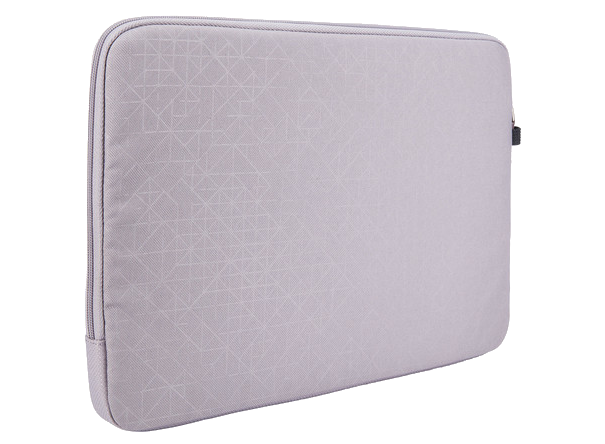 Világosszürke laptop tok, zárva, cipzárral. A szövet finom geometriai mintázatú.