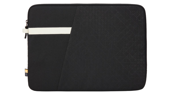 Fekete laptop tok fehér csíkkal és geometriai mintával.